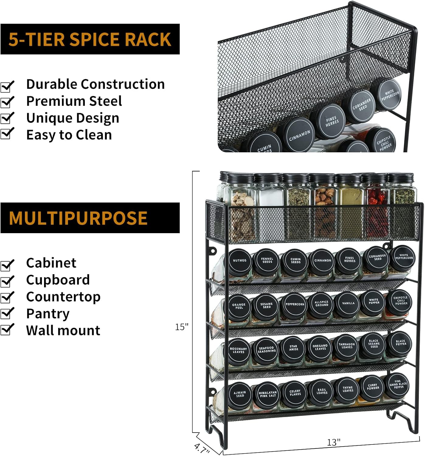 Spice Rack Organizer with 28 Spice Jars, Black Lids，Spice Labels