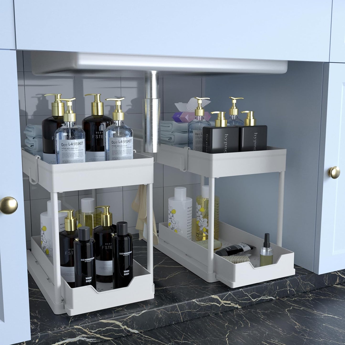 Cabinet, 2 Pack Under Sink Organizer, 2 Tier Sliding Bathroom Kitchen Organizer