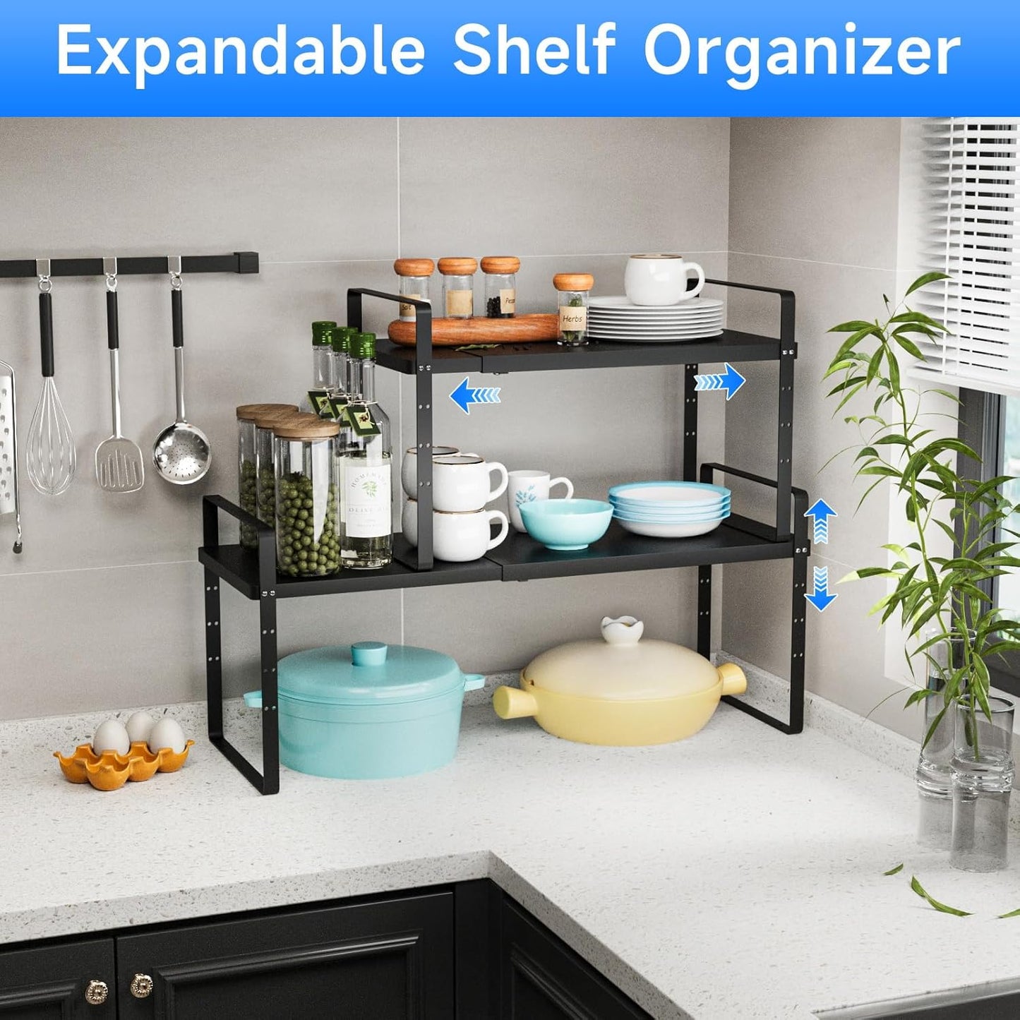 Expandable Cabinet Shelf Organizer, Stackable Kitchen Pantry Counter Storage