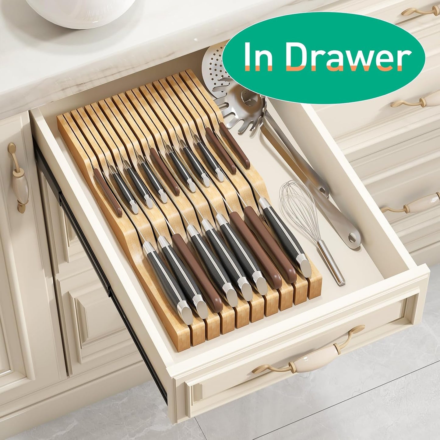 Large Drawer Knife Organizer Insert, Bamboo Wood Knife Holder, Knife Block Hold up To 19 Knives