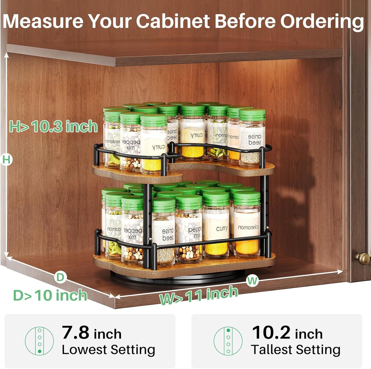 Spice Rack Organization for Cabinet - Height Adjustable Rotating Lazy Susan Organizer