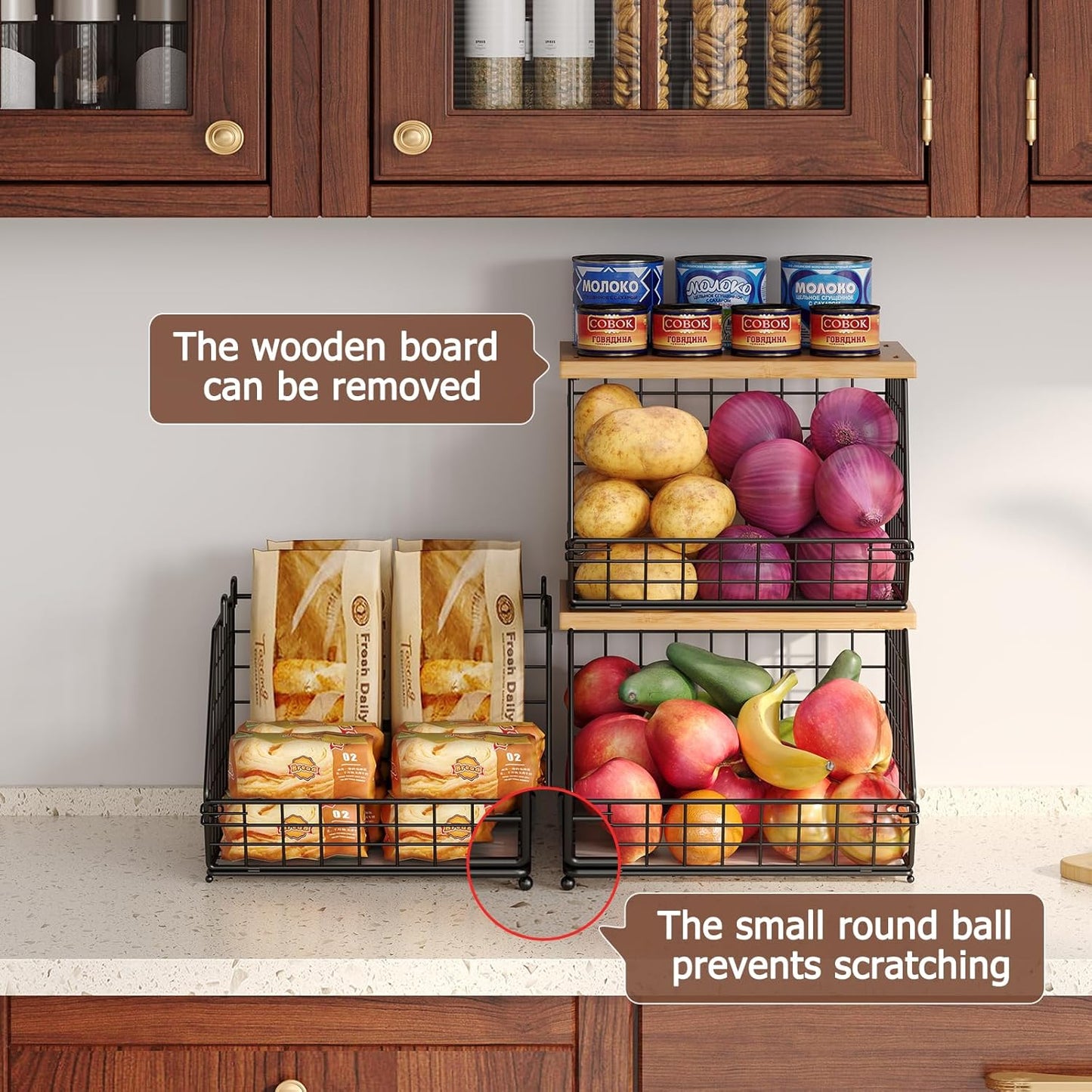 2 Set Stackable Wire Basket with Wooden Tops & Pad for kitchen organizers and storage