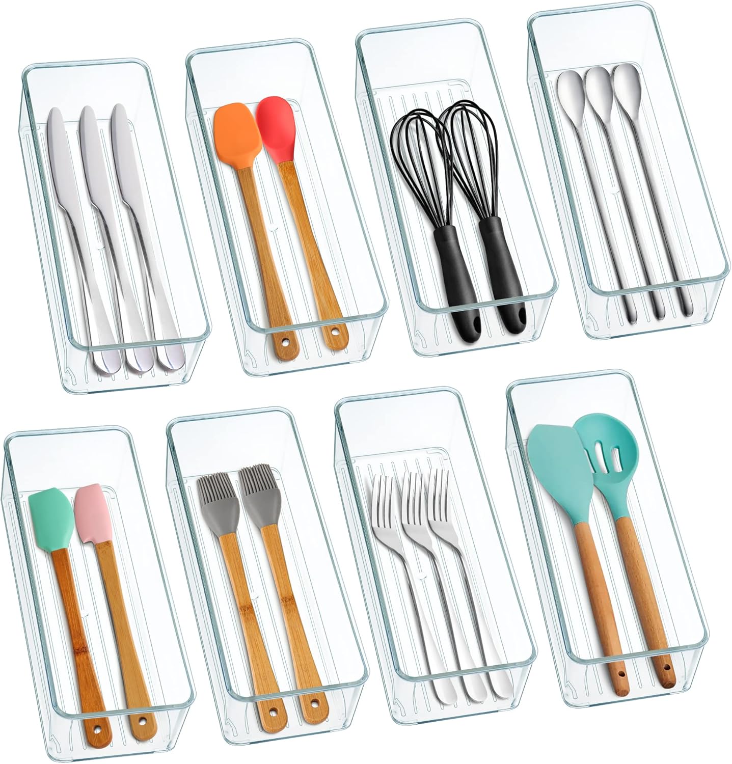8 Pack Clear Plastic Drawer Organizer Bins Set