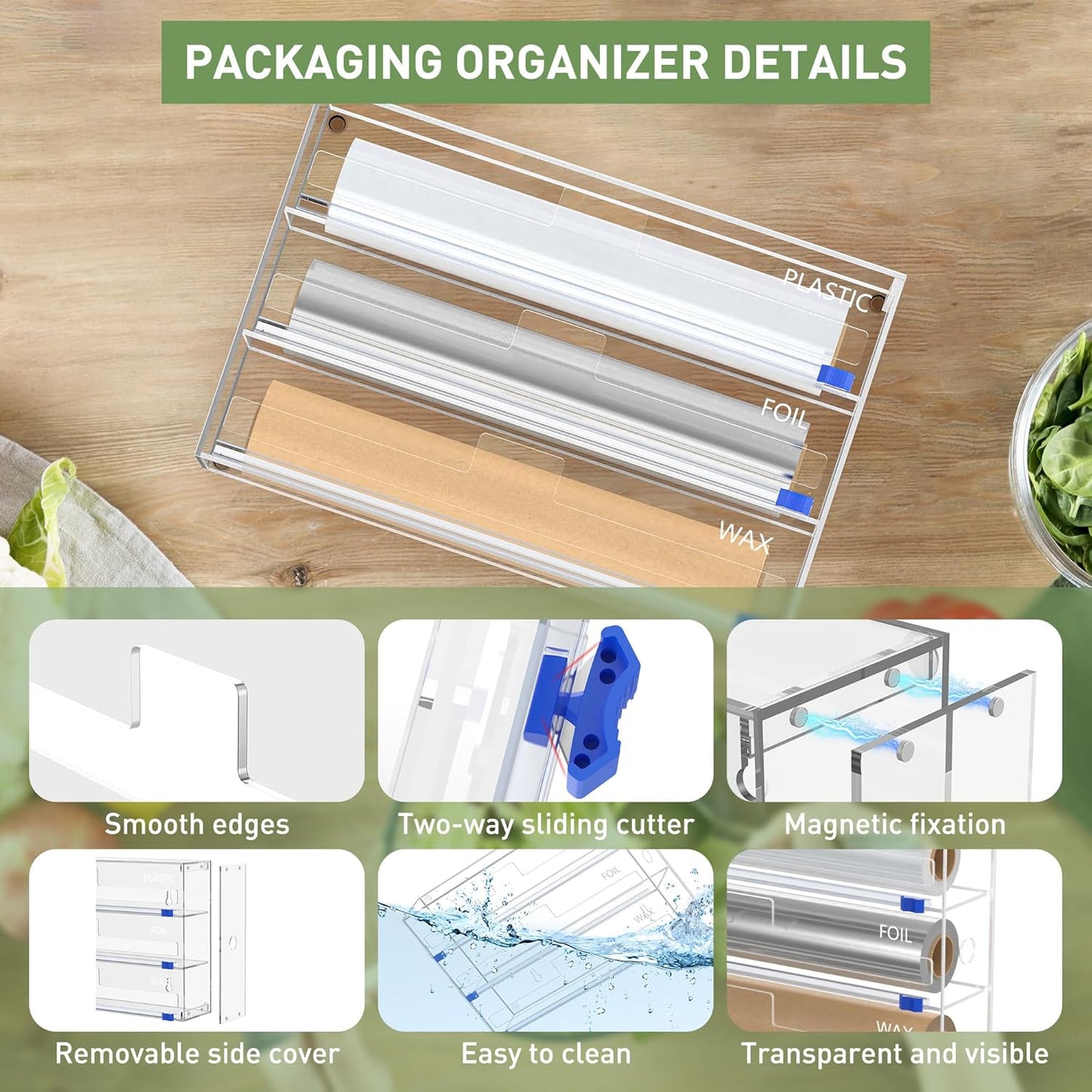 Kitchen Wrap Organizer, Foil and Plastic Wrap Organizer 3 in 1 with Sliding Cutter