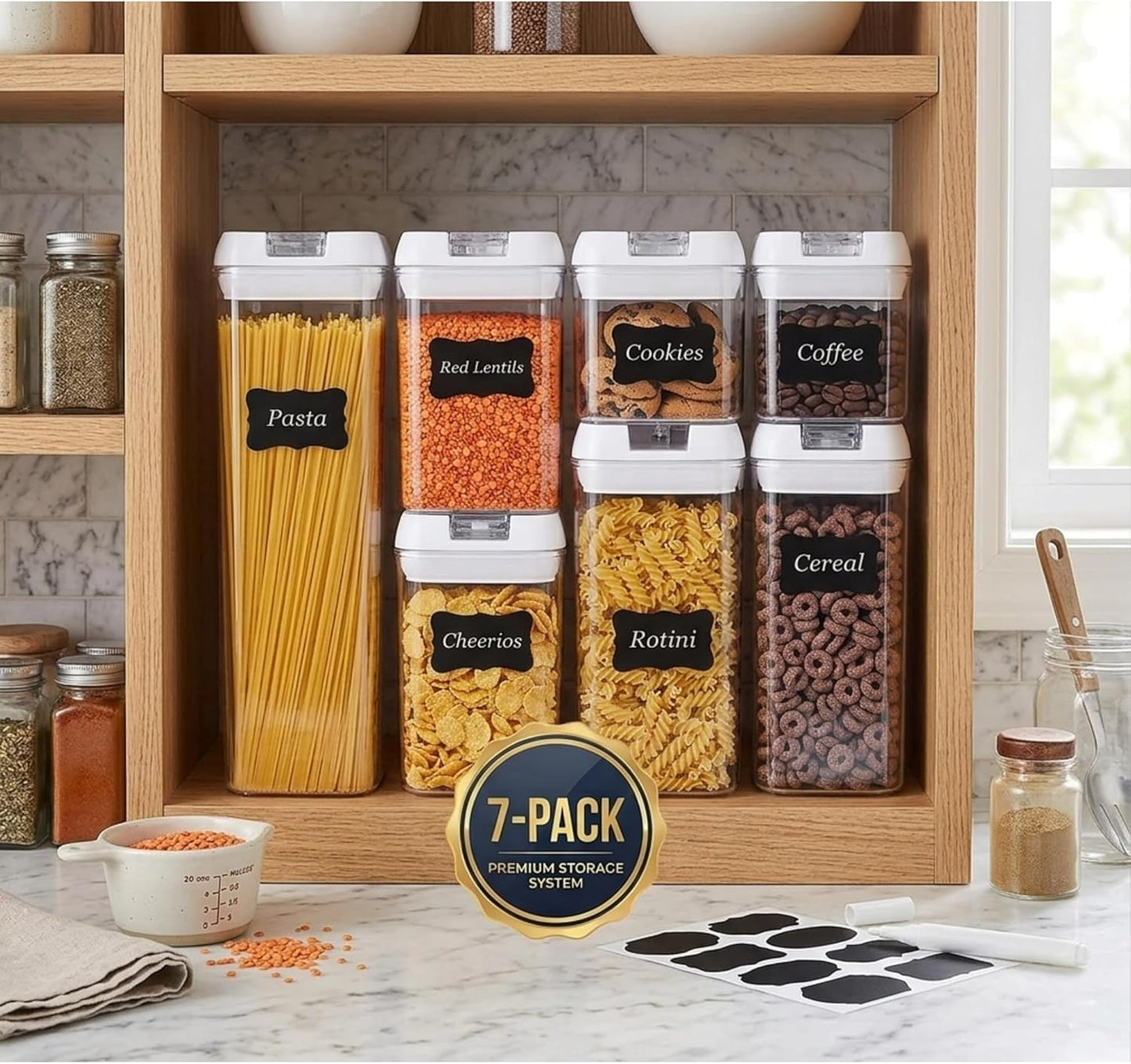 Airtight Food Storage Container Set, 7 Pieces Clear plastic cereal Canisters, easy lock Lids