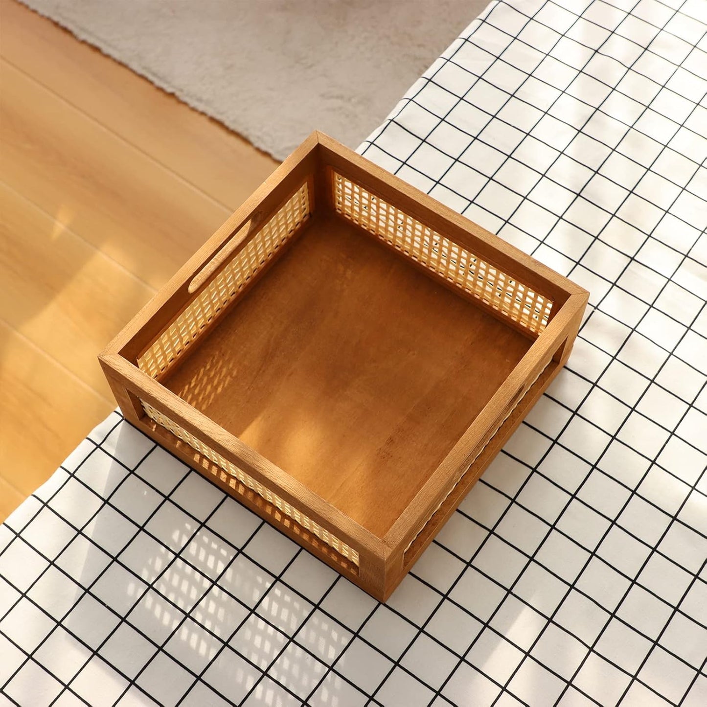 Woven Wooden Basket Wood Storage Crate Box, Bamboo Basket with Built-In Handles for Kitchen Pantry