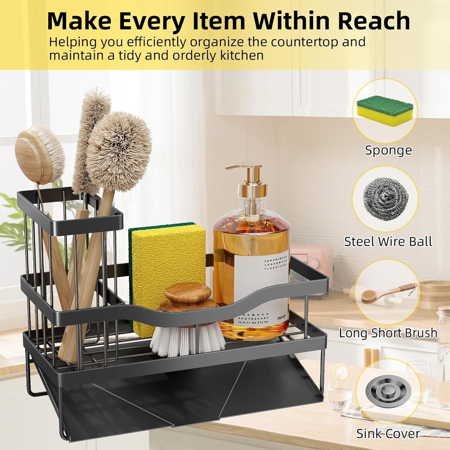 Sponge Holder for Kitchen Sink, Mecyfaty Sink Caddy with Self Drain Tray, Kitchen Sink Organizer