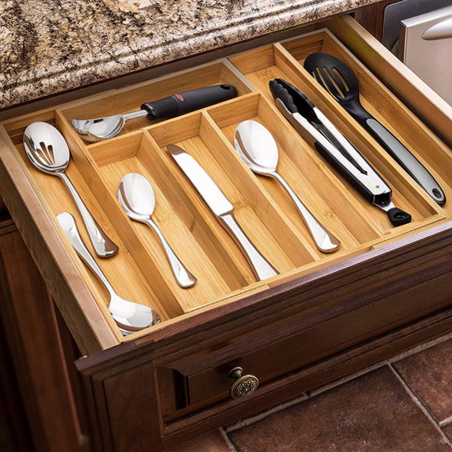 Bamboo Drawer Organizer Expandable Cutlery Tray Adjustable Utensils Holder 5-7 Compartments Wood Drawer Dividers Organizer for Storing Silverware, Flatware, Knives in Kitchen, Bedroom, Living Room