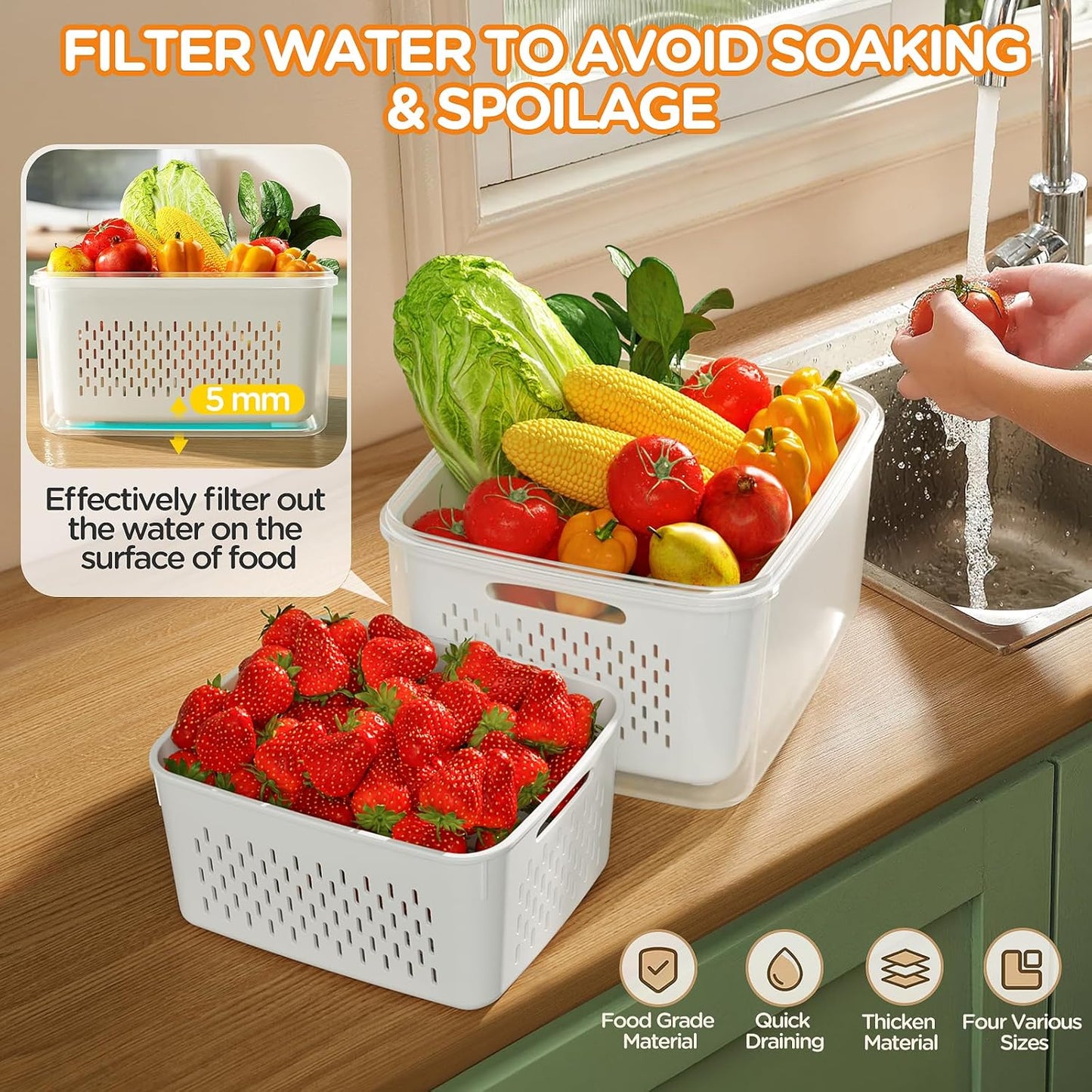 5-Pack Fruit Storage Containers for Fridge with Removable Colanders