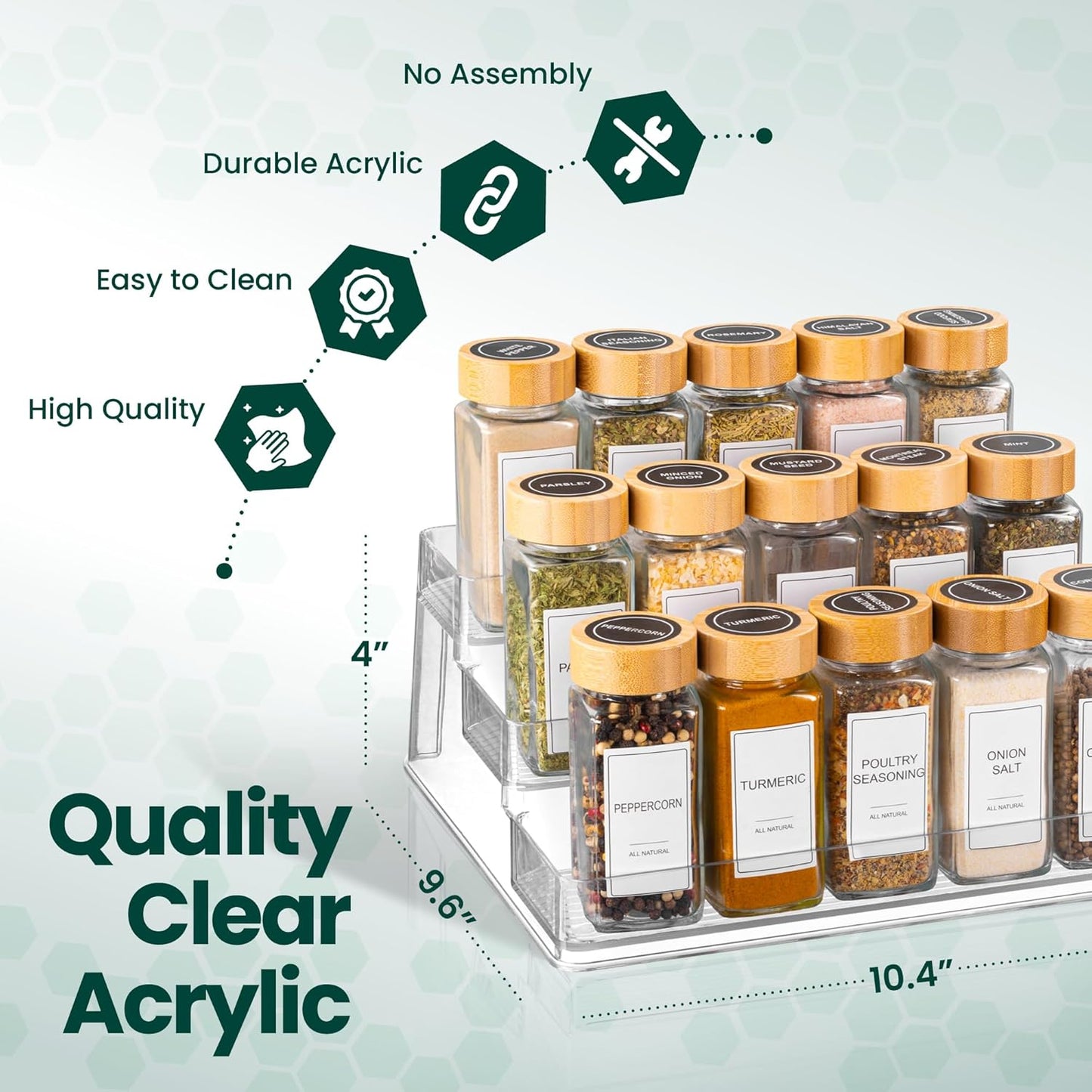 Clear Spice Rack (2-Pack) – 3-Tier Acrylic Organizer for Cabinet – Deep Spice Shelf – 10.4 x 9.6 x 4 Inches – Holds Seasoning and Condiments
