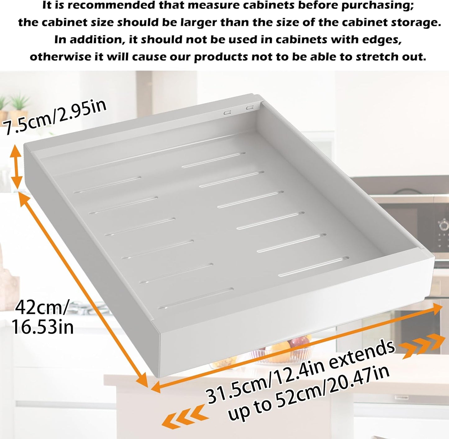 COVAODQ 1 Pack Pull Out Cabinet Organizer Extendable Sliding Slide Out Pantry Shelves Storage No Punch for Kitchen Base Cabinet Organization, Pantry, Bathroom Adjustable Width 12.4" to 20.4"