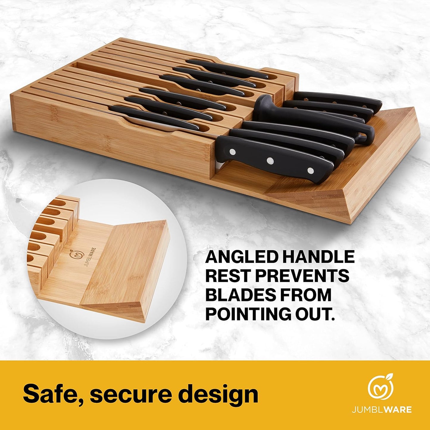 Bamboo In-Drawer Knife Block Wooden Organizer & Cutlery Holder Insert for Inside Drawer