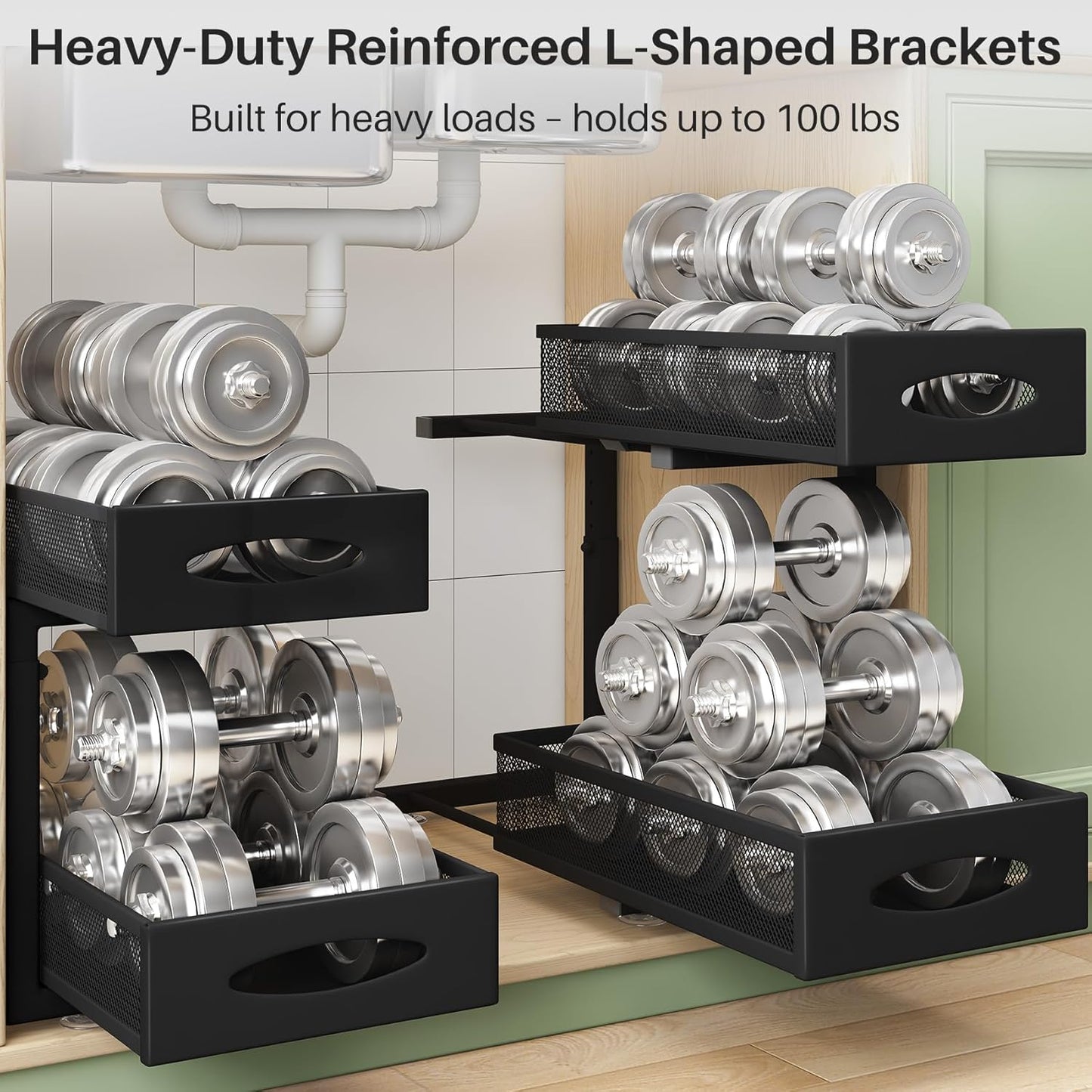 Under Sink Organizer, 2 Pack 2 Tier Pull out Cabinet Organizer Baskets with Mesh Sliding Drawers
