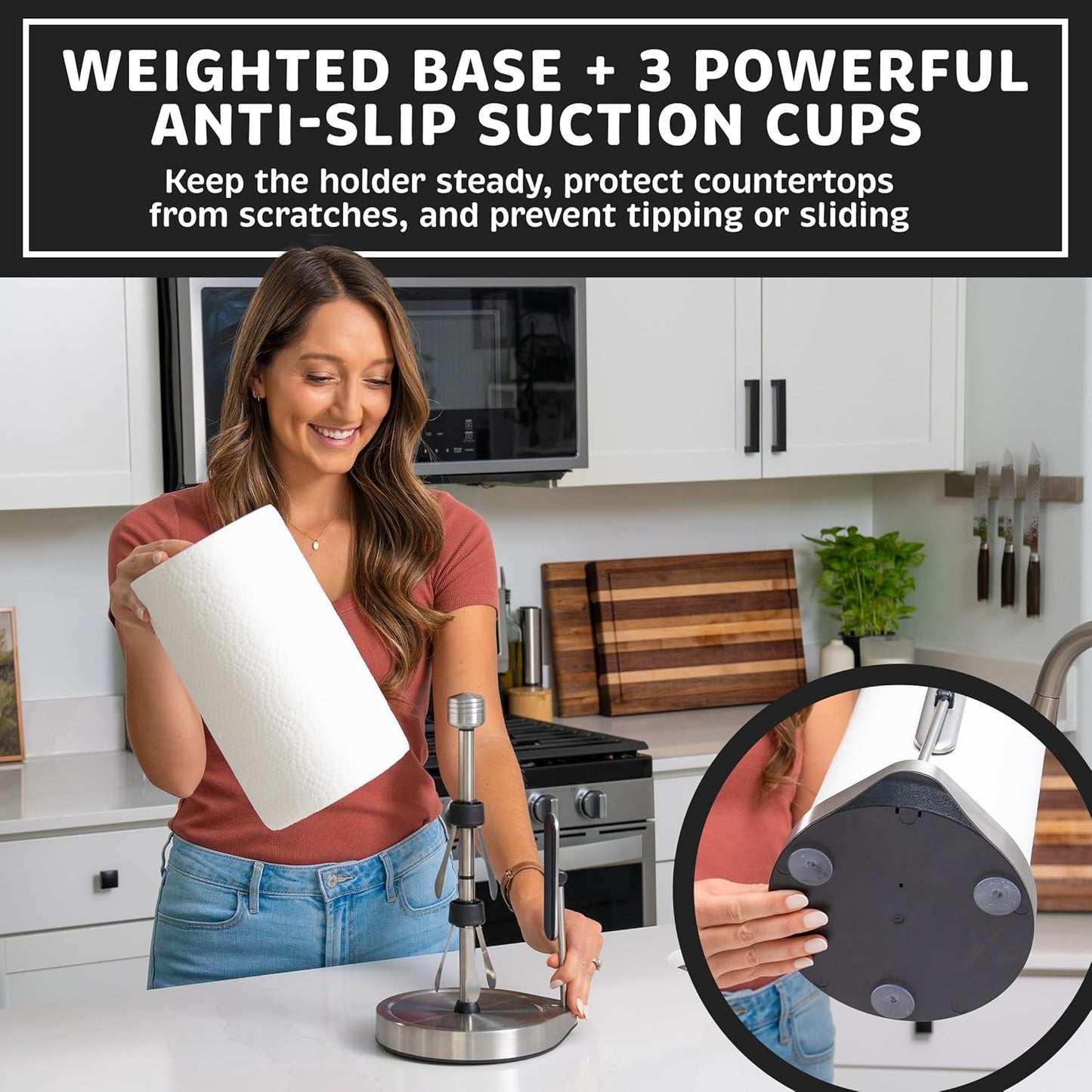 Heavy-Duty Stainless Steel Paper Towel Holder - Easy One-Handed Tear with Suction Cups