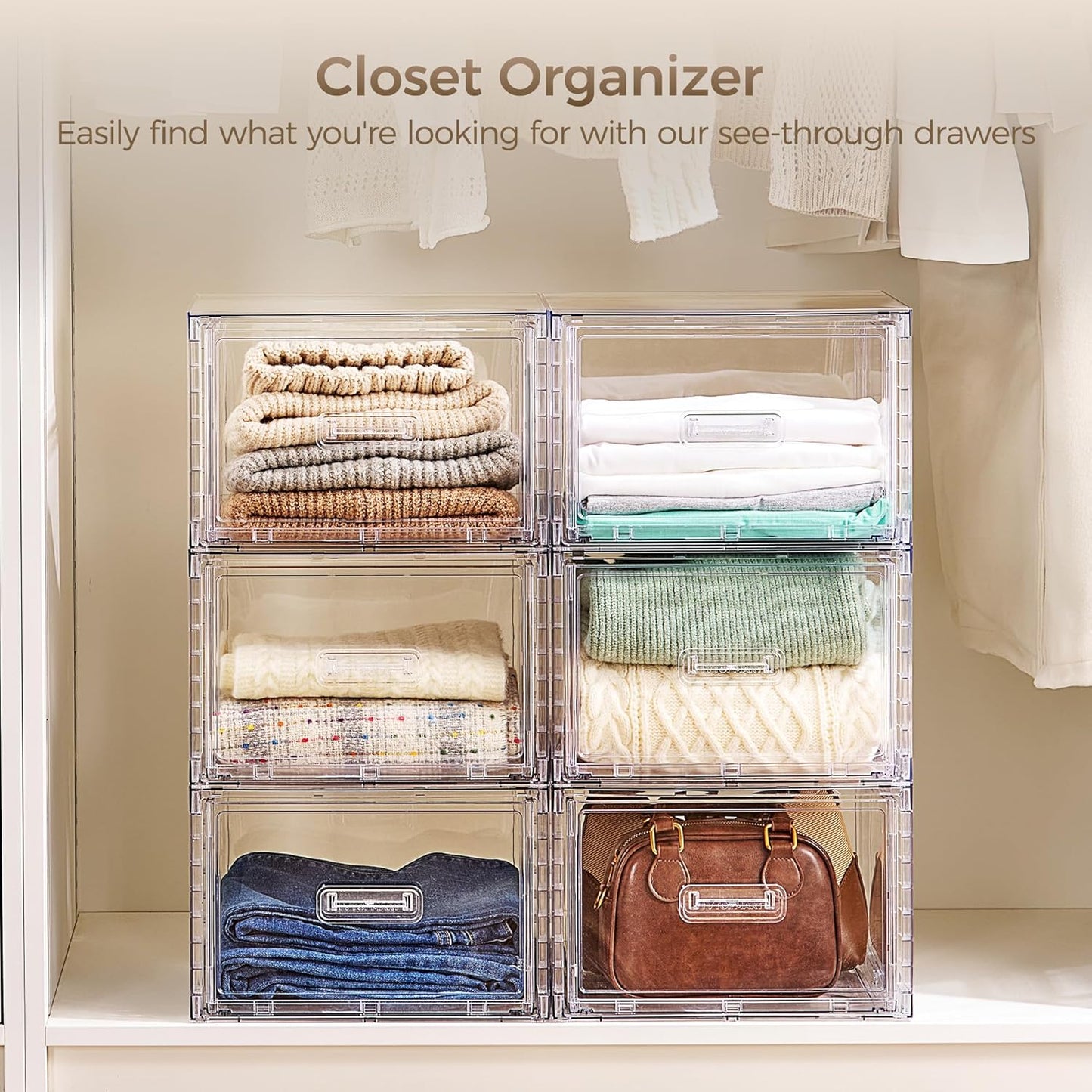 4 Pack 18QT Clear Stackable Storage Drawers,Easily Assemble Closet Organizers,Plastic Storage Bins for Bathroom,Cabinet,Kitchen Pantry,Under Sink Organization(Medium)