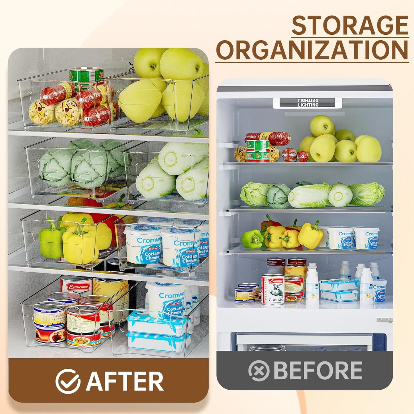 Clear Fridge Organizer, Refrigerator Organizer Bins with Handle, Freezer, Kitchen Cabinet