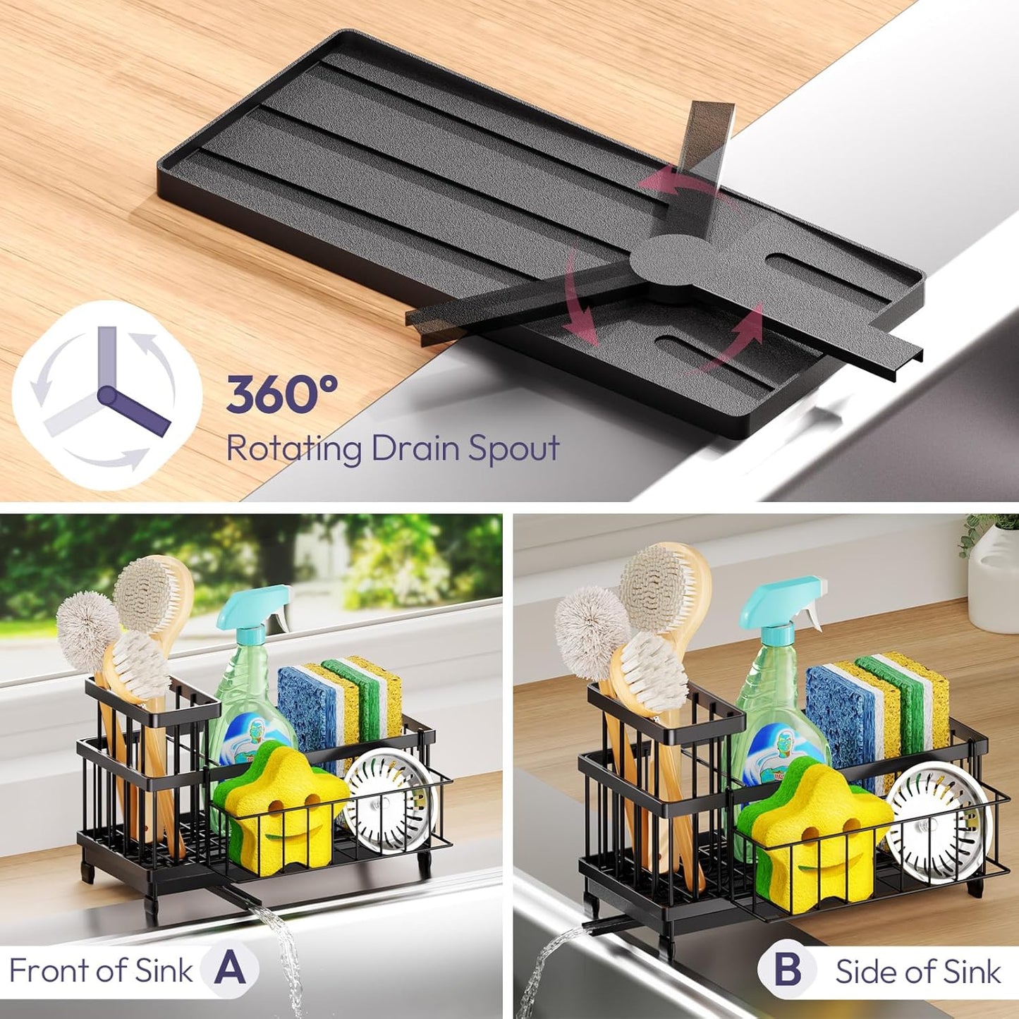 Sink Caddy Sponge Holder - Large Sponge Holder for Kitchen Sink with 360°Auto-Drain Tray