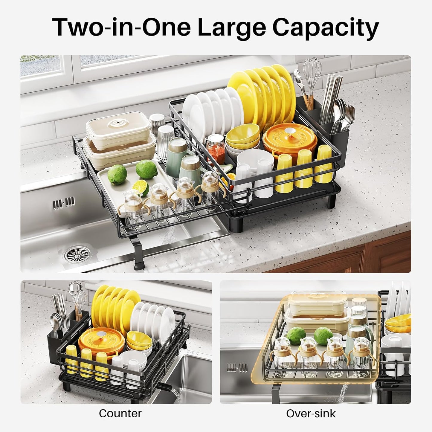 Dish Drying Rack - Extendable Dish Rack, Large Sink Drying Dish Drainer for Kitchen Counter