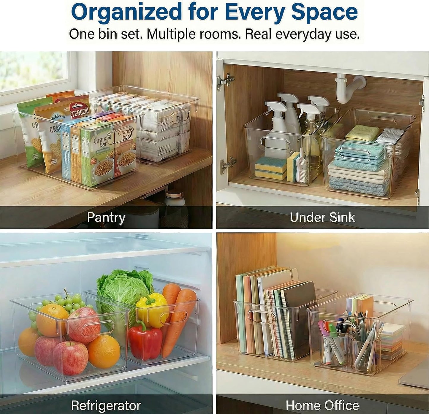 4 Pack Open Clear Plastic Storage Bins 11"x8"x6" Stackable Organizer Containers with Handle for Kitchen, Pantry, Fridge, Bathroom,Cabinet,Closet Storage