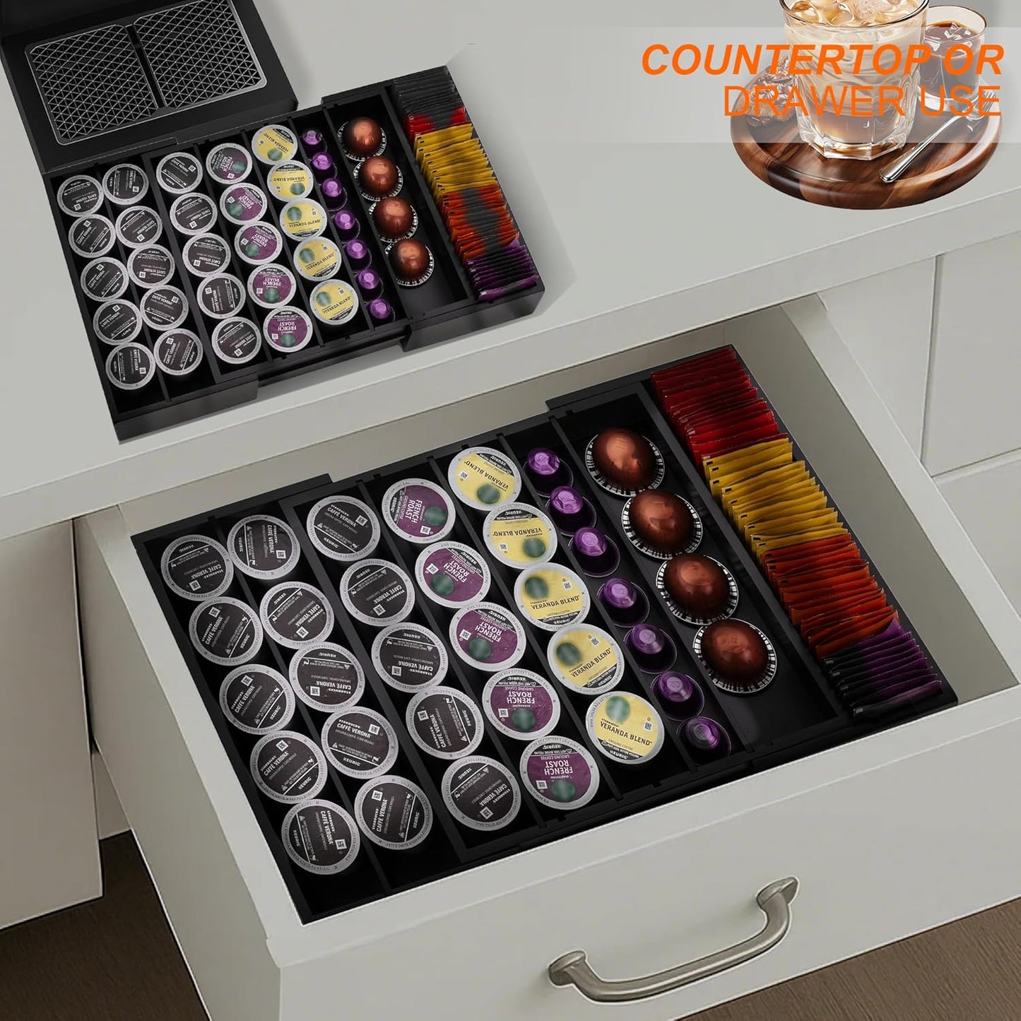 Bamboo Drawer Organizer - Expandable K Cup & Pods Holder, Coffee Pod Storage, Tea Organizer