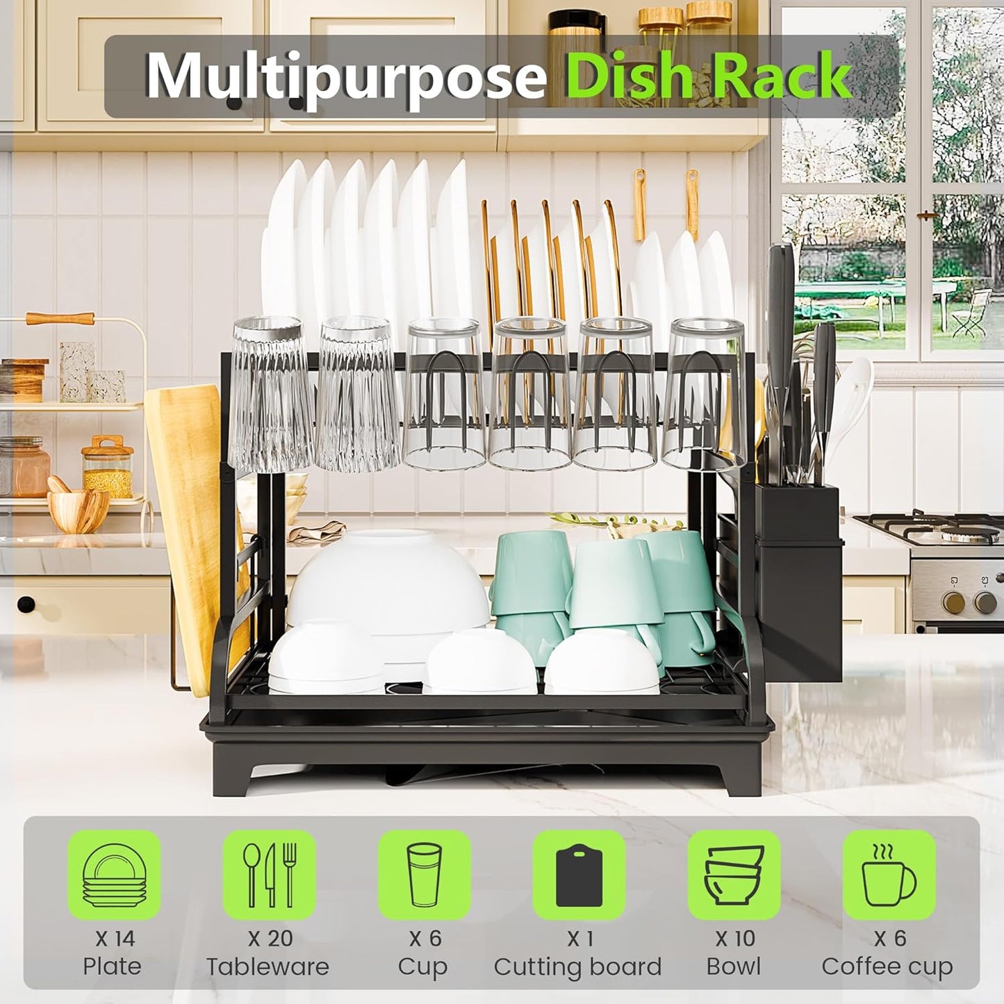 2-Tier Foldable Dish Drying Rack with Drainboard