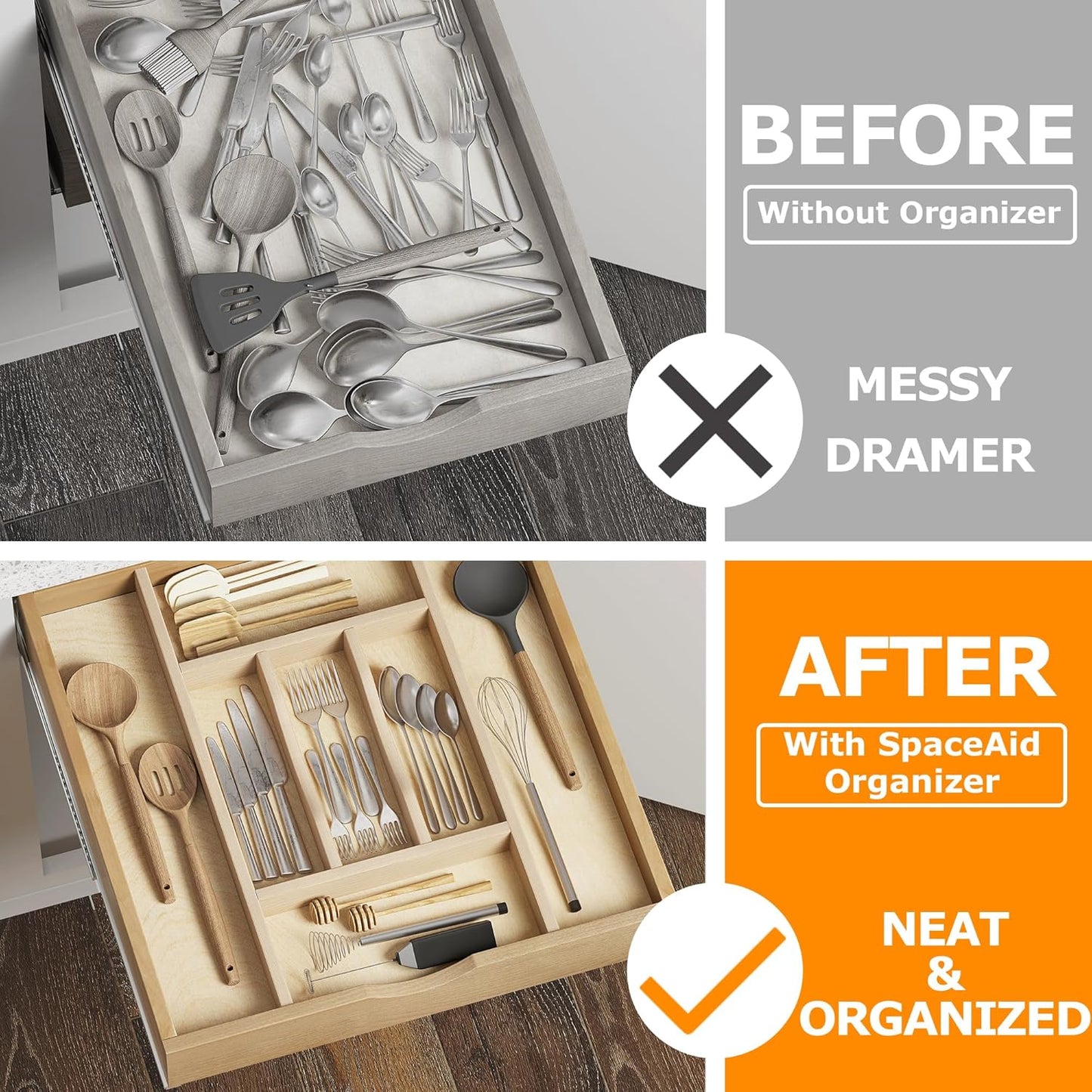 Premium Wooden Silverware Organizer for Kitchen Drawers, Utensil Tray for Kitchen Drawer