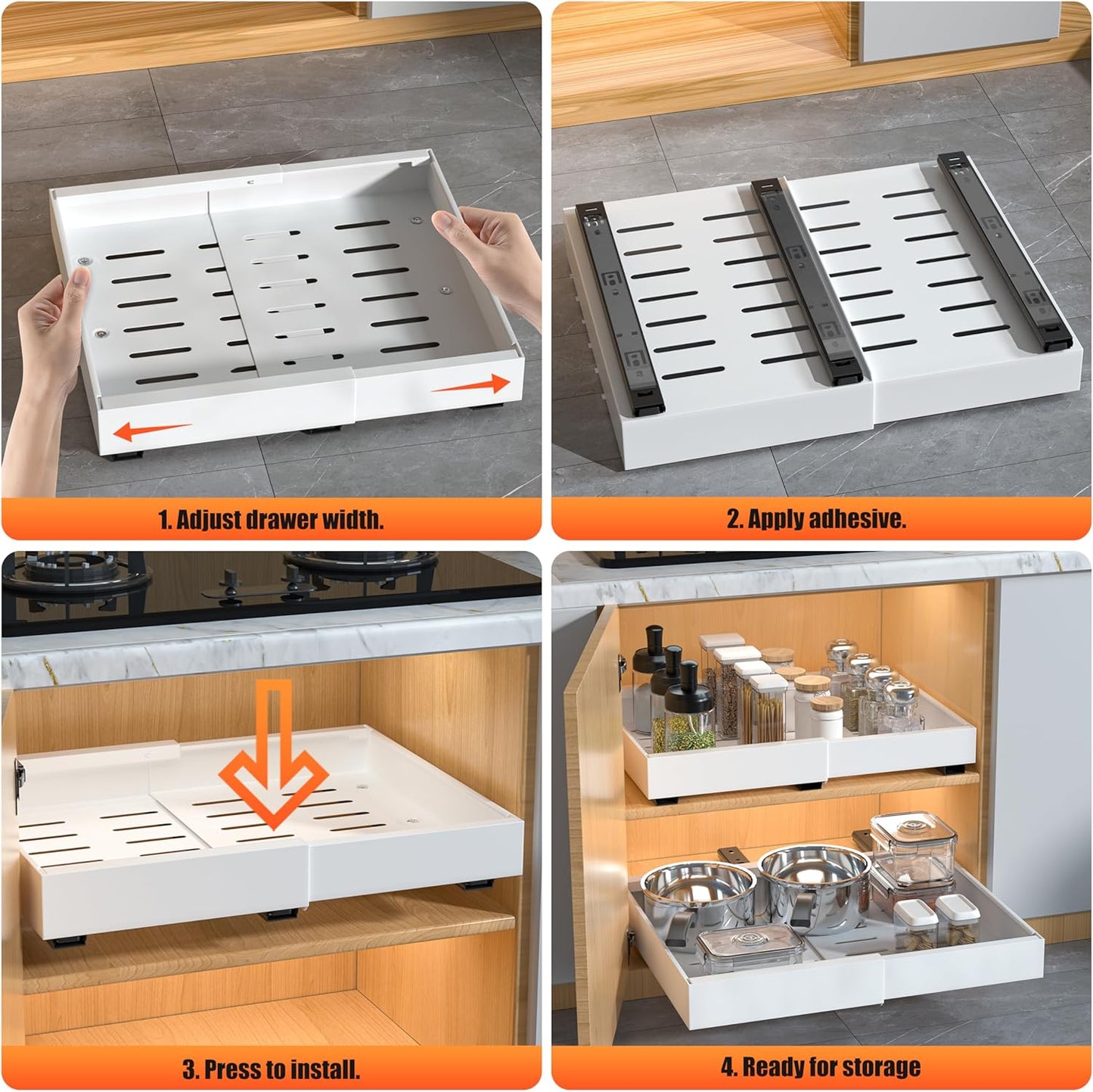 2 Pack Pull Out Cabinet Organizer Expandable, Adhesive with Nano Film