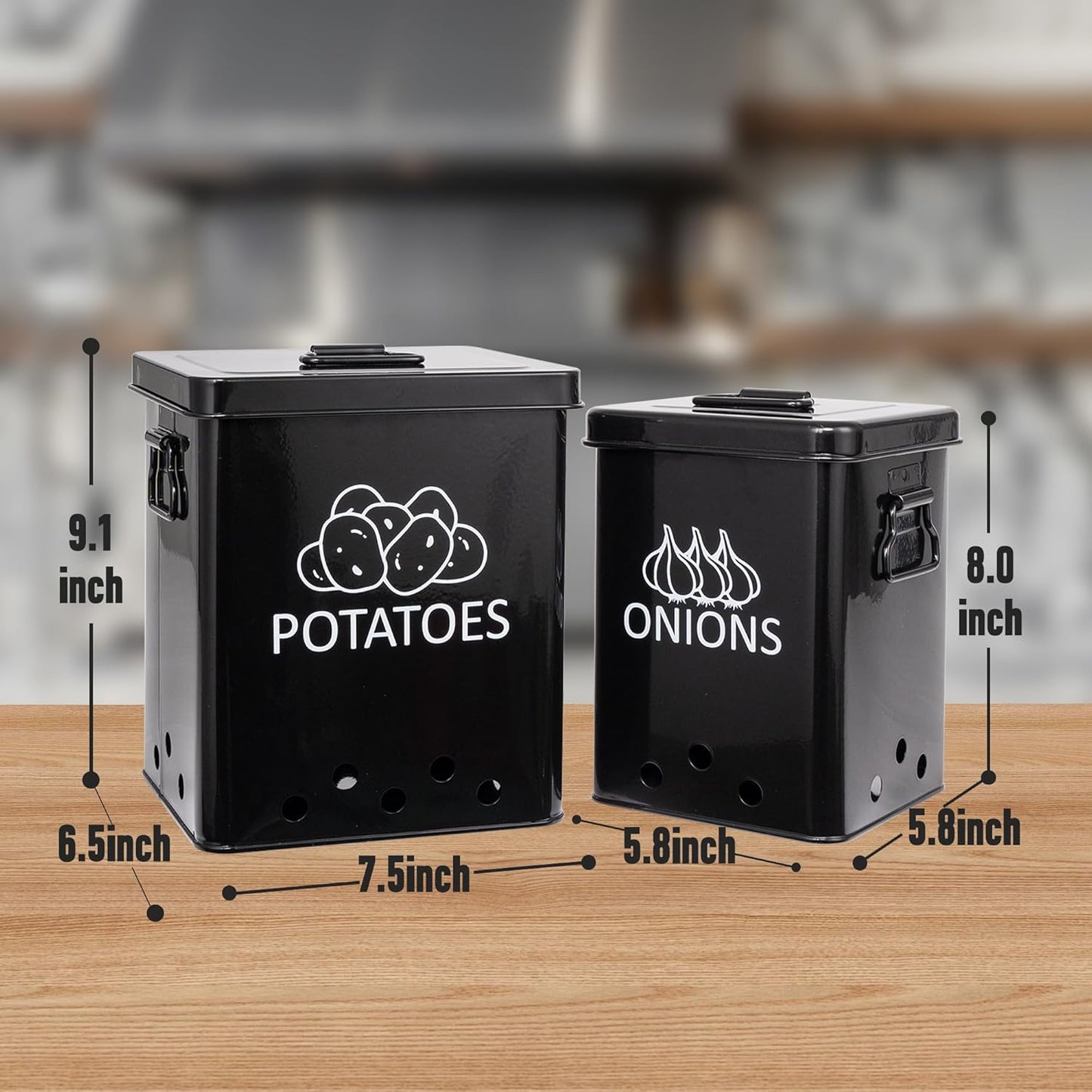 Potato and Onion Storage Bin, Set of 2 Vegetable Storage Tins with Metal Lids & Side Handles