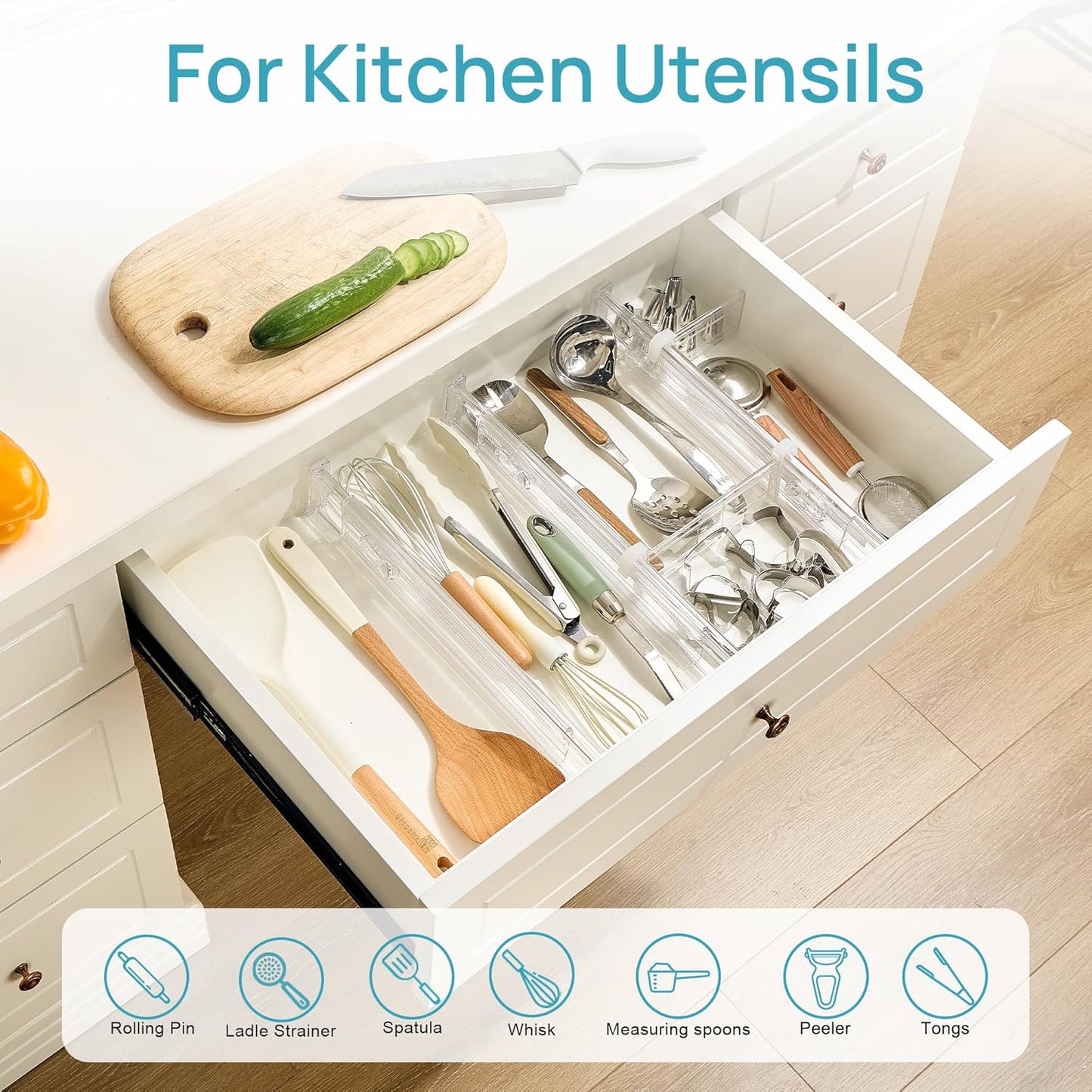 2.36” Drawer Dividers with Expandable Inserts, 12.8"-22.3" Adjustable Kitchen Drawer Organizer