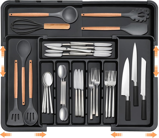 Silverware Organizer Expandable Kitchen Utensil Drawer Organizer Large BPA Free Adjustable Cutlery Silverware Tray for Spoons Forks Knives Storage Divider for Kitchen Flatware 6-9 Slots Black