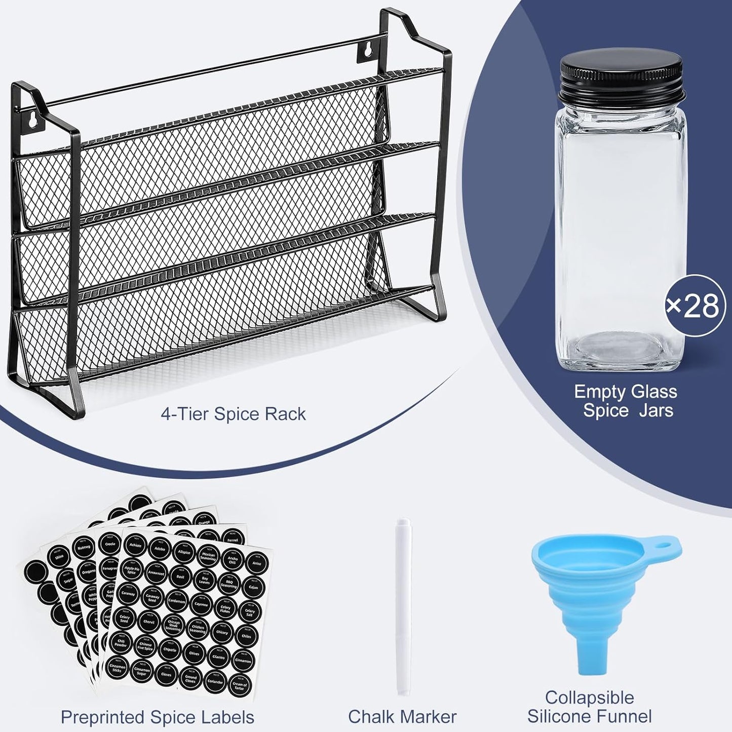 Spice Rack Organizer for Cabinet, Spice Organizer with 28 Empty Spice Jars with Black Lids, Funnel