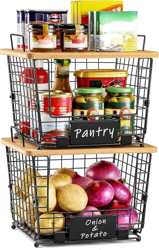 2 Set Large Stackable Wire Basket with Bamboo Tops & Tag- Pantry Organizer and Storage Bins