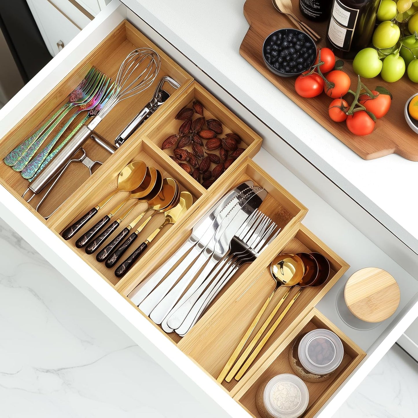 Bamboo Drawer Organizer Set, 5 PCS Multi-Use Individual Wood Storage Organizers