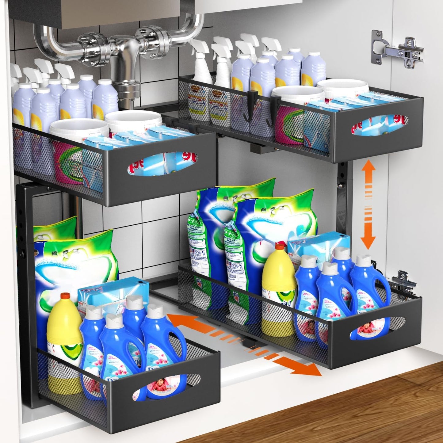 2 Pack Under Sink Organizer, 2 Tier Metal Pull Out Under Sink Storage with Sliding Mesh Drawers