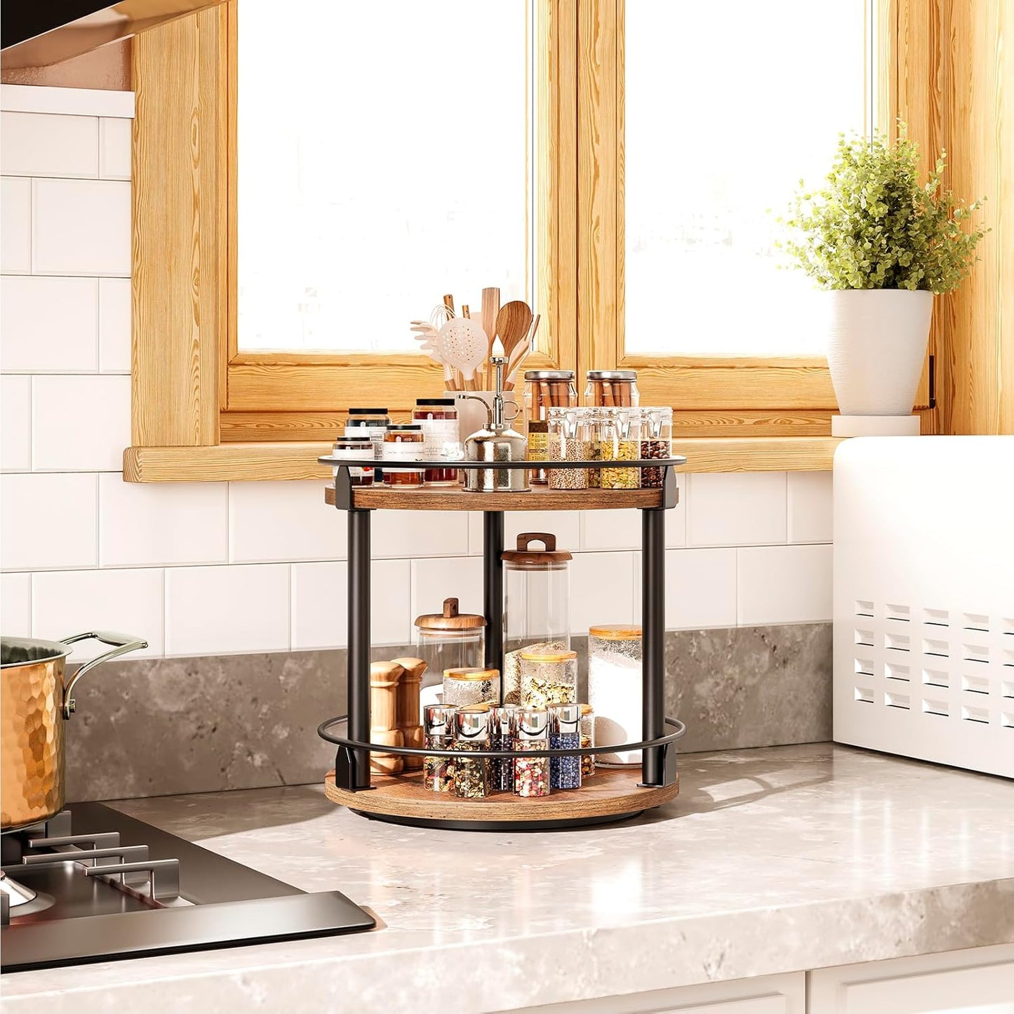 Lazy Susan Organizer, Rotating Spice Rack, 2 Tier Spice Turntable Organizer