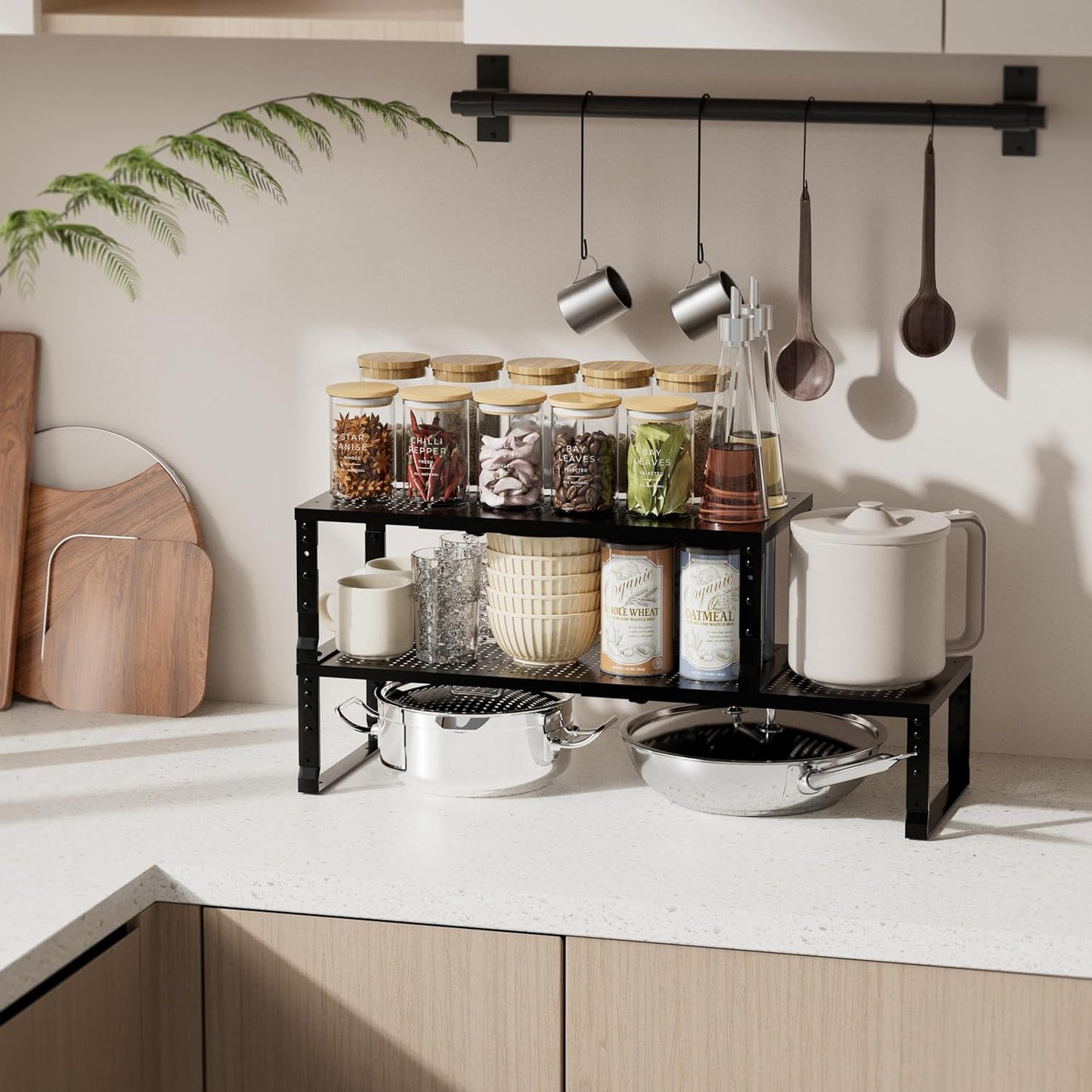 Expandable Spice Rack & Kitchen Cabinet Organizer - Stackable, Adjustable Shelves for Cabinets