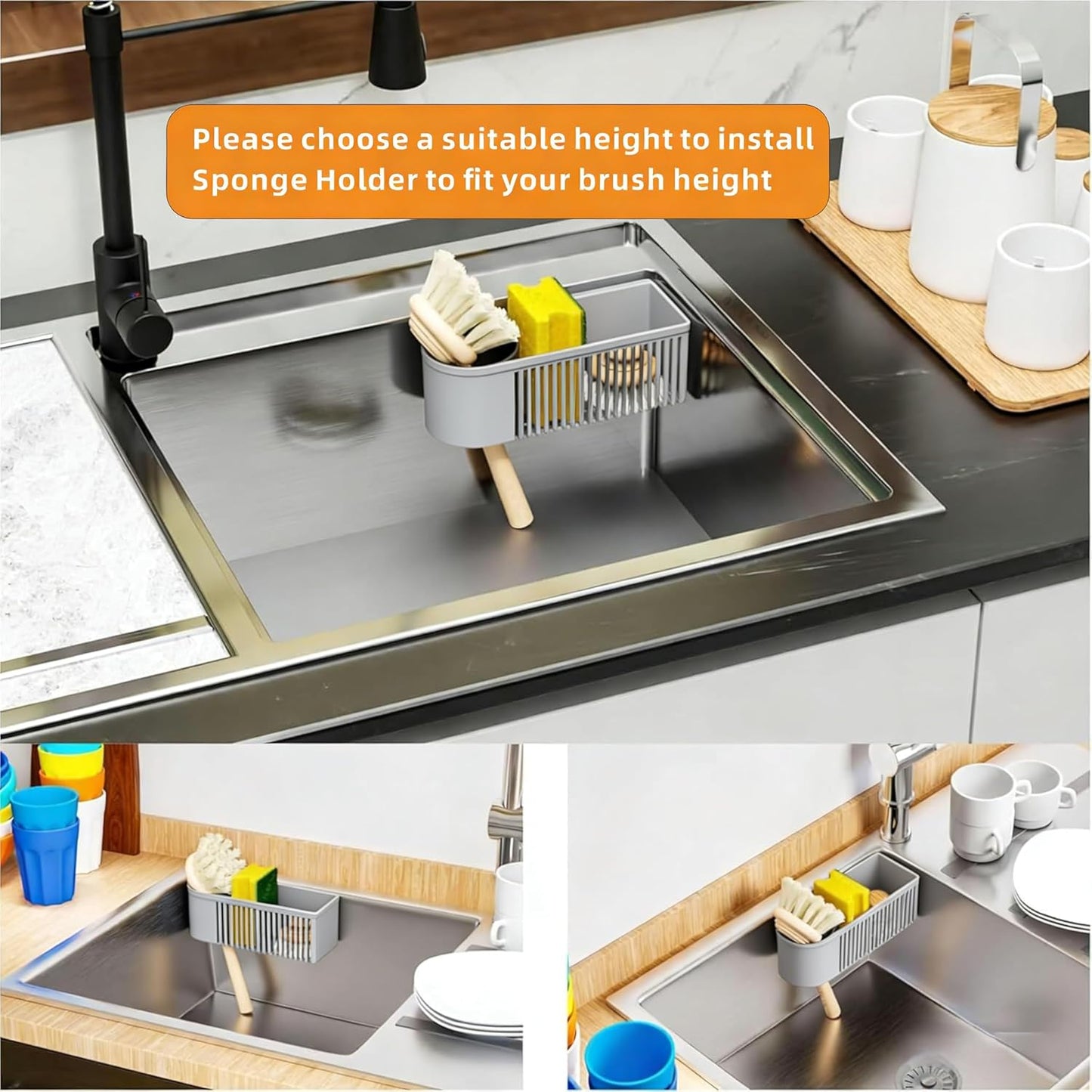 Inside Sink Sponge Holder,Grey Rustproof Sink Caddy and Scrub Holder for Kitchen Sink with Suction Cup,Adhesive,Plastic Dish Sink Organizer for Scrub Brush,Scrubber,Dish Sponge,Spinge Holder
