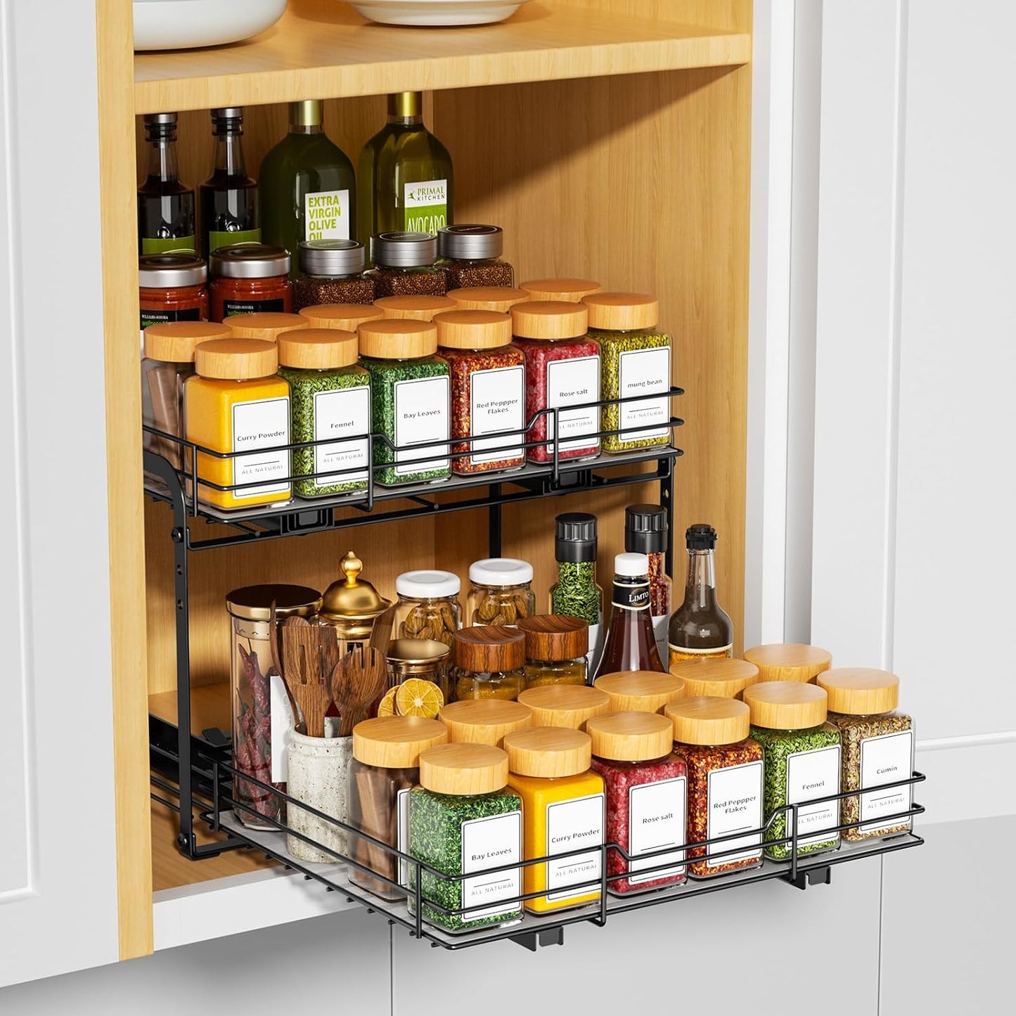 Spice Organization for Cabinet,2 Tier Pull out Spice Rack Organizer for Inside Cabinets & Pantry