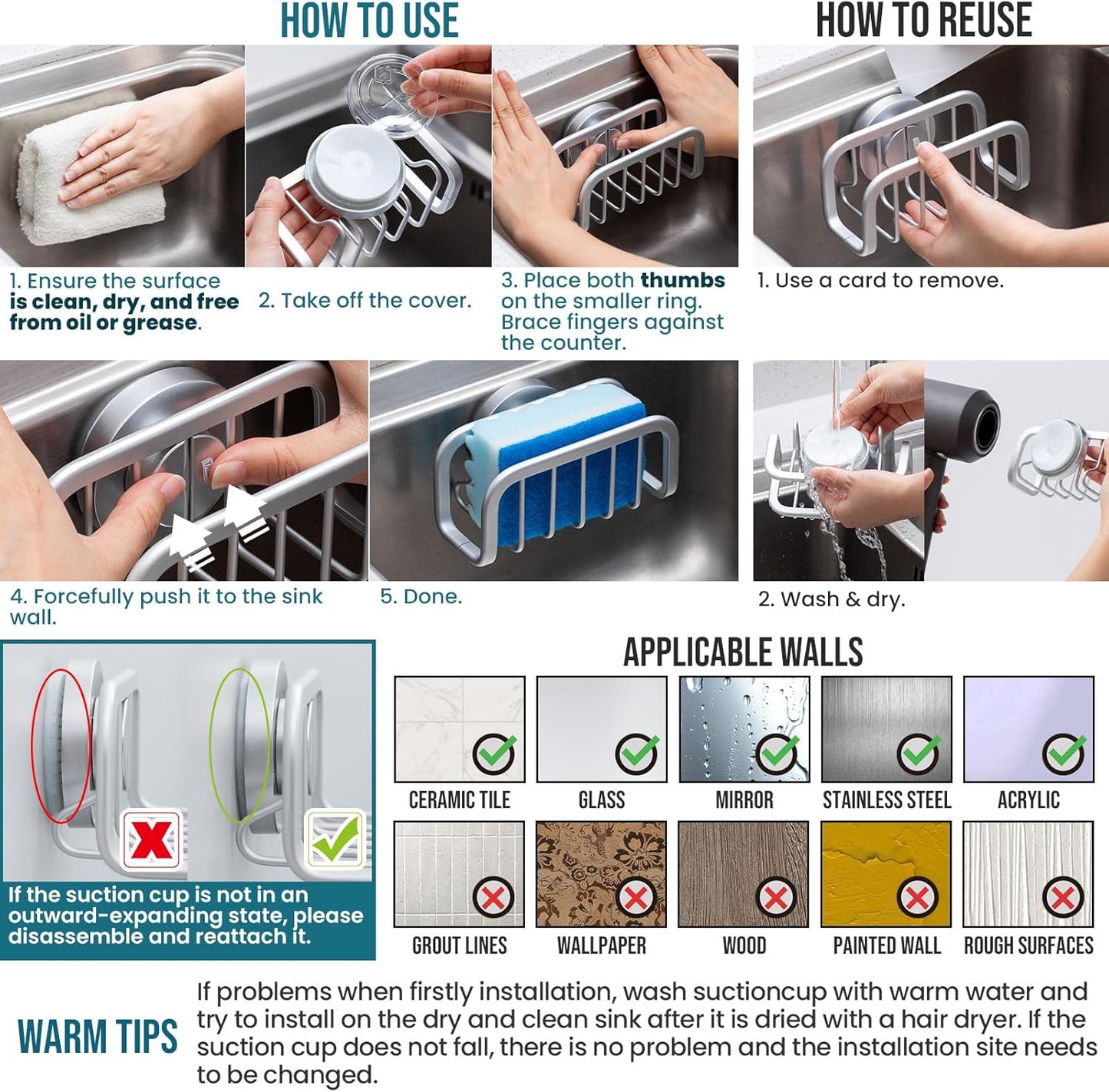 Sponge Holder for Kitchen Sink with Strong Suction Cup, Removable Sponge Holder