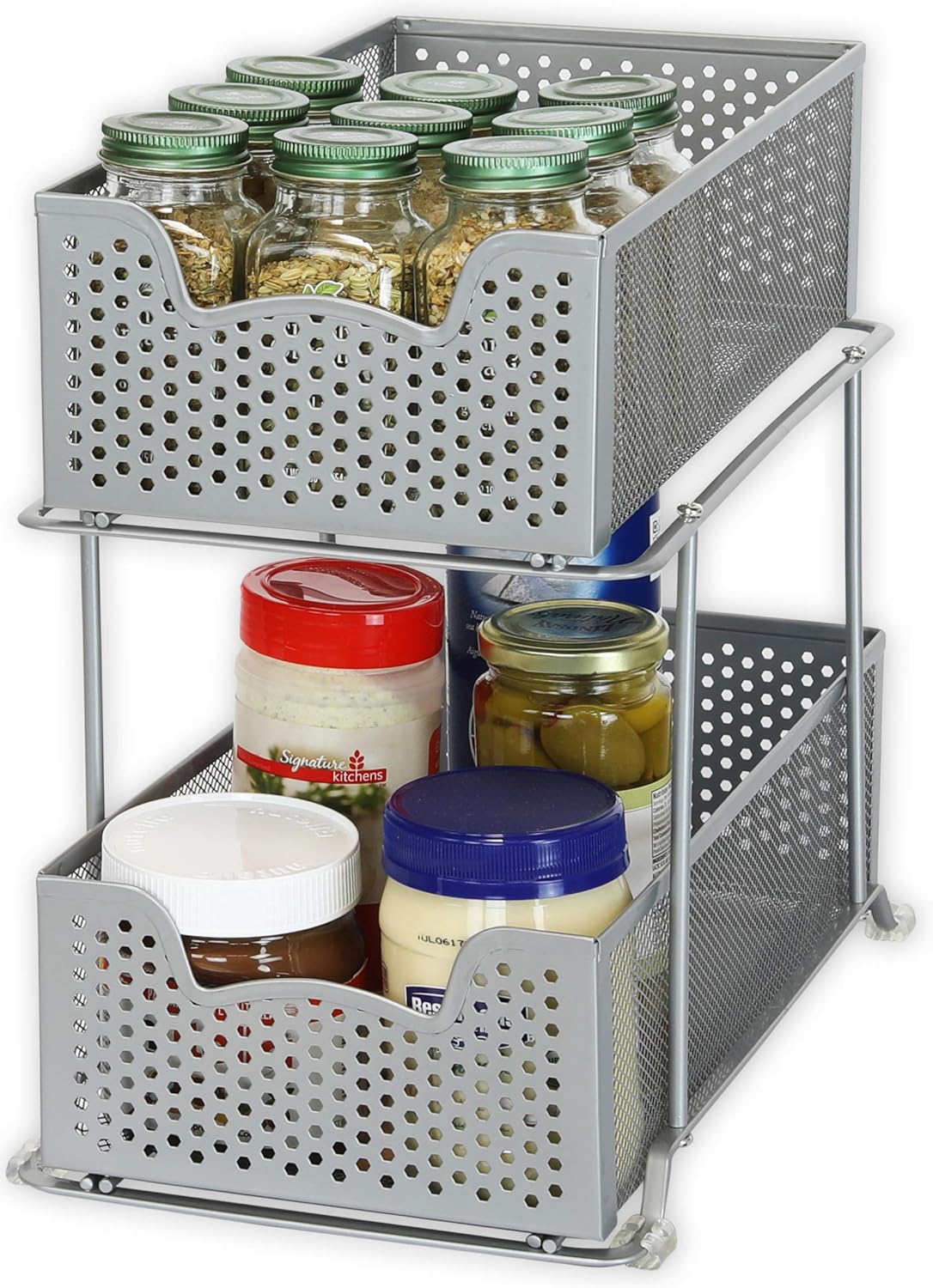 2 Tier Sliding Cabinet Basket Organizer Drawer, Silver