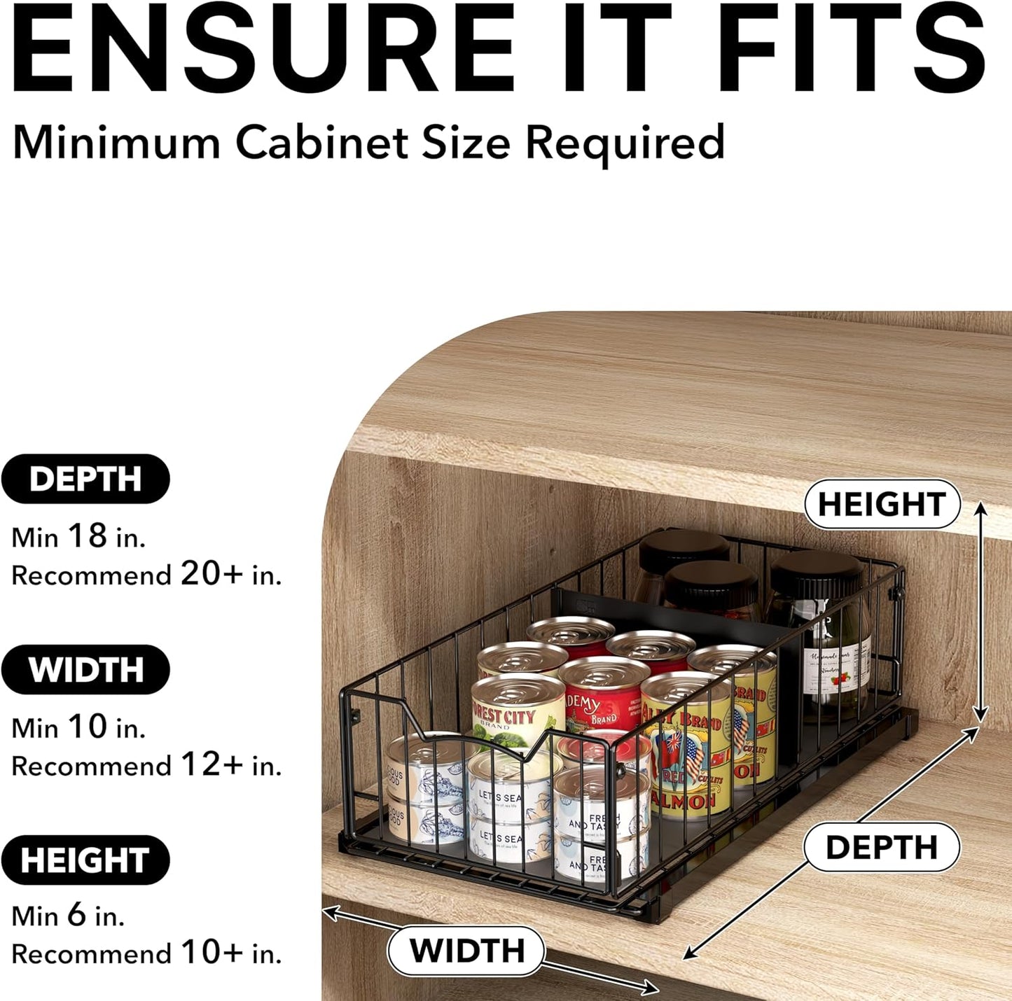 Pull-Out Cabinet Sliding Basket Organizer, 17.2" D x 9.7" W x 5" H – Black
