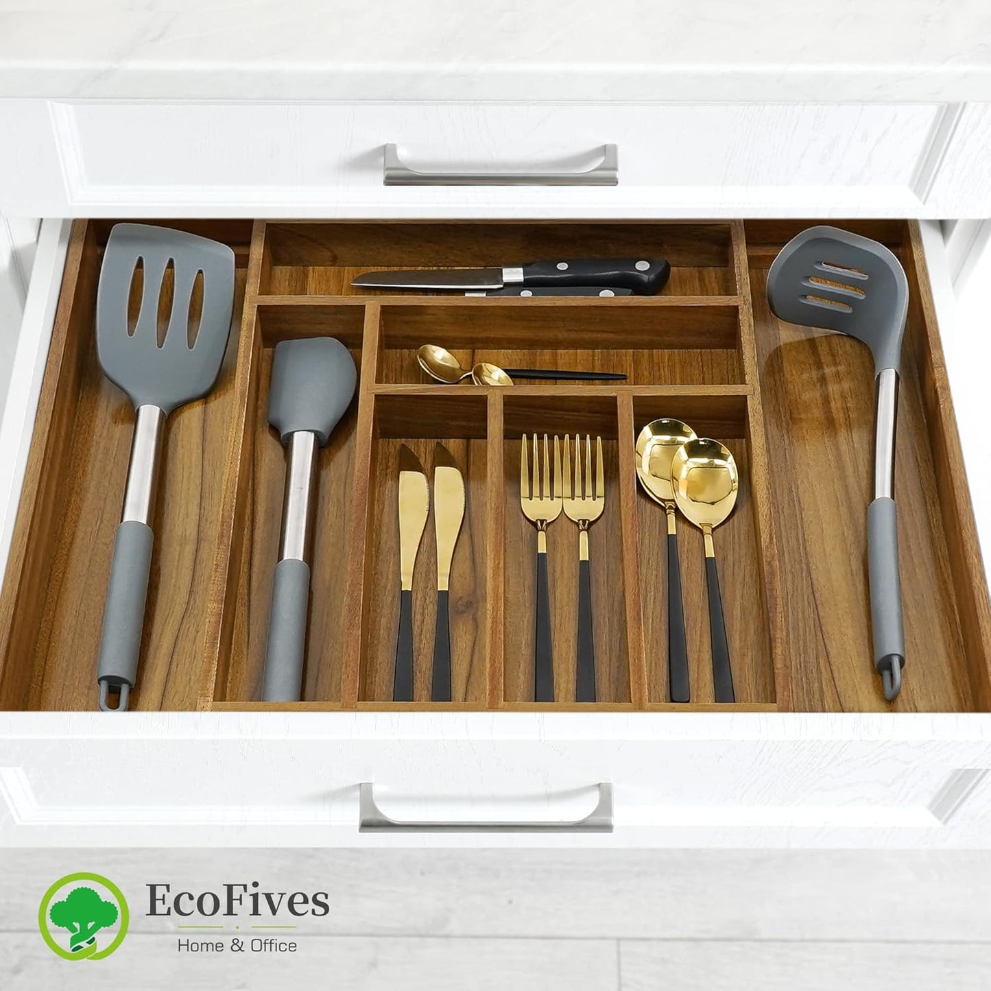 Luxury Acacia Kitchen Drawer Organizer - Silverware Organizer