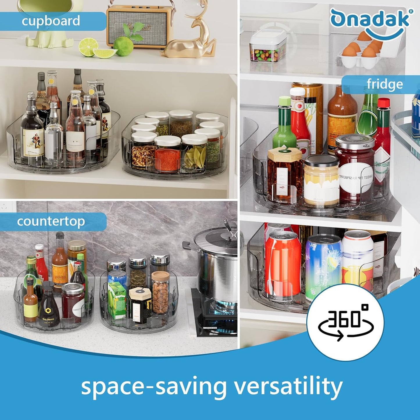 Lazy Susan Turntable Organiser for Fridge, 360°Rotating Spice Racks for Kitchen Cabinet