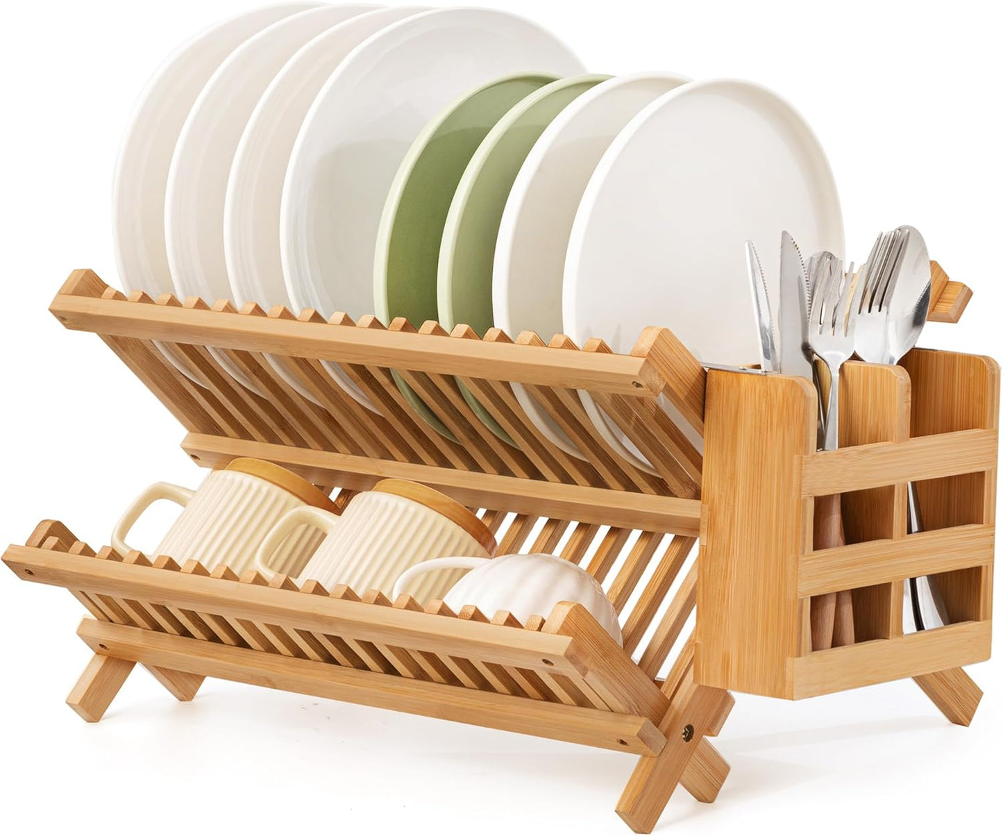 Bamboo Dish Drying Rack with Utensil Holder, 2 Tier Collapsible Dish Rack for Kitchen Counter