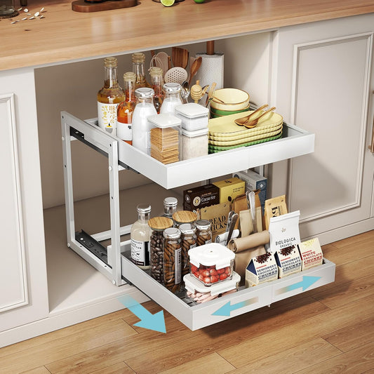 2-Tier Expandable Pull Out Cabinet Organizer - Slide Out Drawers for Kitchen Cabinets
