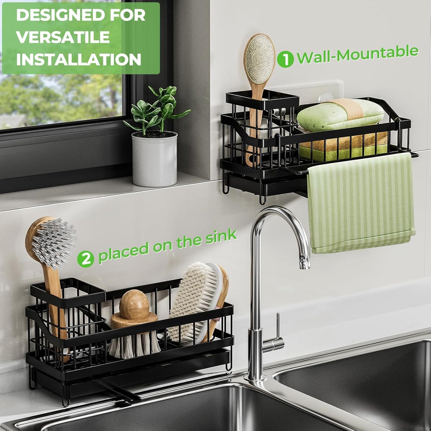 Sink Caddy kitchen Organzier with High Brush Holder, Wall-Mounted Sponge Holder for Sink