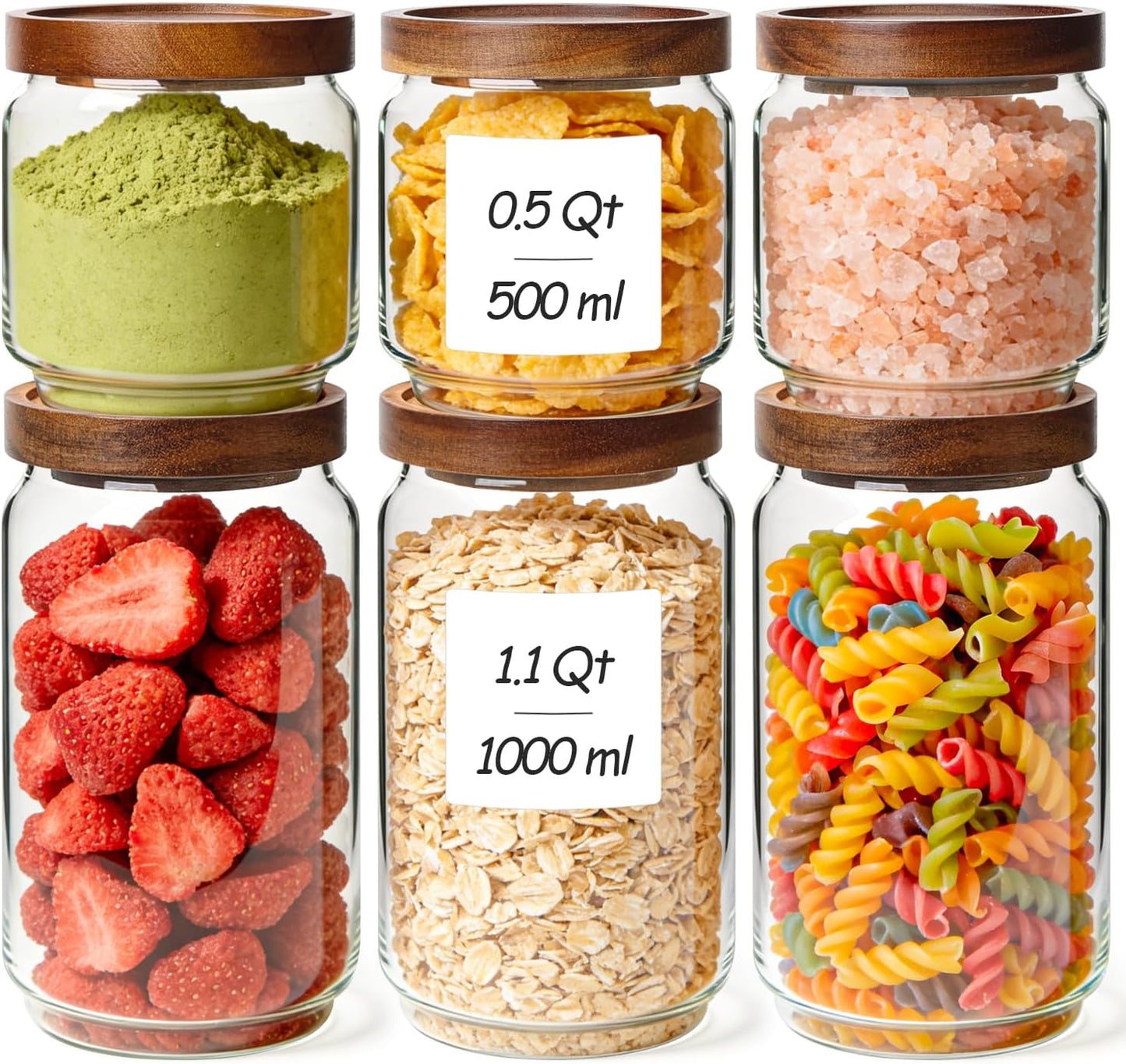 6PCS (1.1Qt/0.5Qt) Glass Pantry Storage Container with Acacia Wood Lid