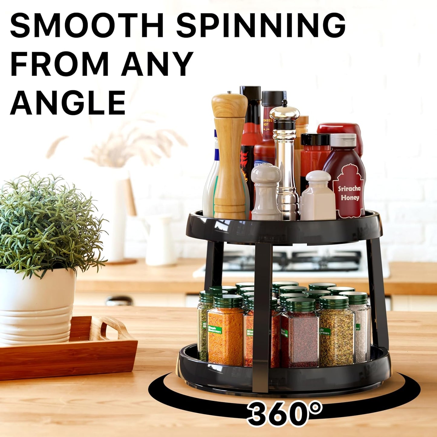 2-Tier Lazy Susan Spice Organizer, 10-Inch Diameter, Rustic Brown