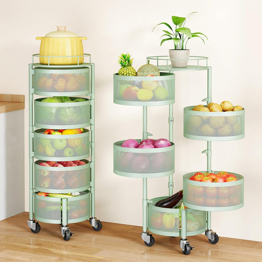 Fruit Vegetable Basket for Kitchen, Rotating Storage Rack, 5 Tier Rolling Cart with top lid