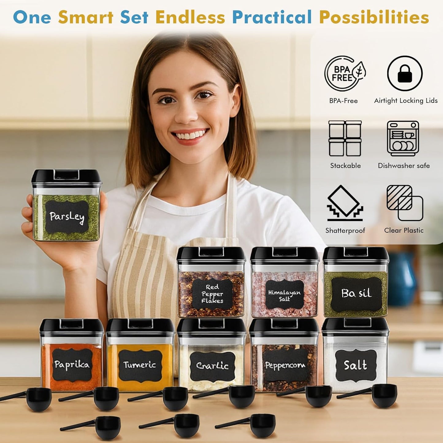 9 PC Airtight Food Storage Containers - BPA Free Clear Plastic Snack & Spice Containers with Easy Lock Lids - Kitchen and Pantry Organization for Herbs, Coffee, Tea - 0.5L / 2.1 Cups